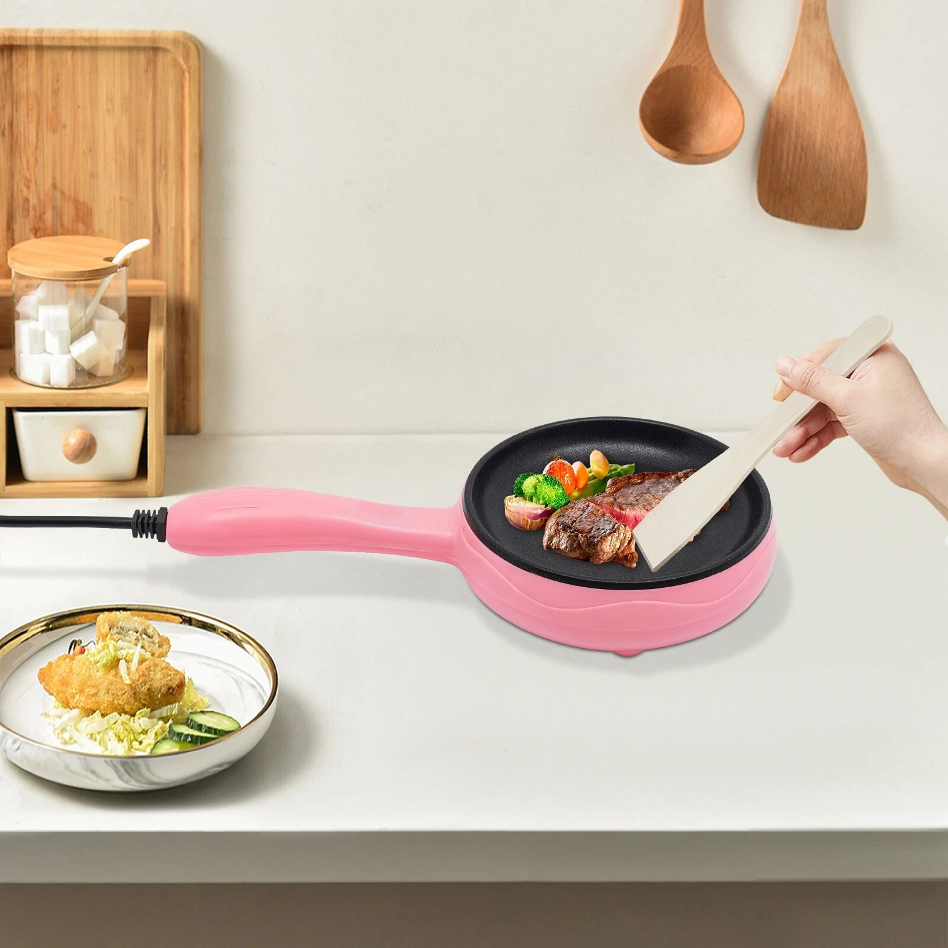 Pink Mini Frying Pan Electric Cuisine Skillet NonStick Electric Skillet 0