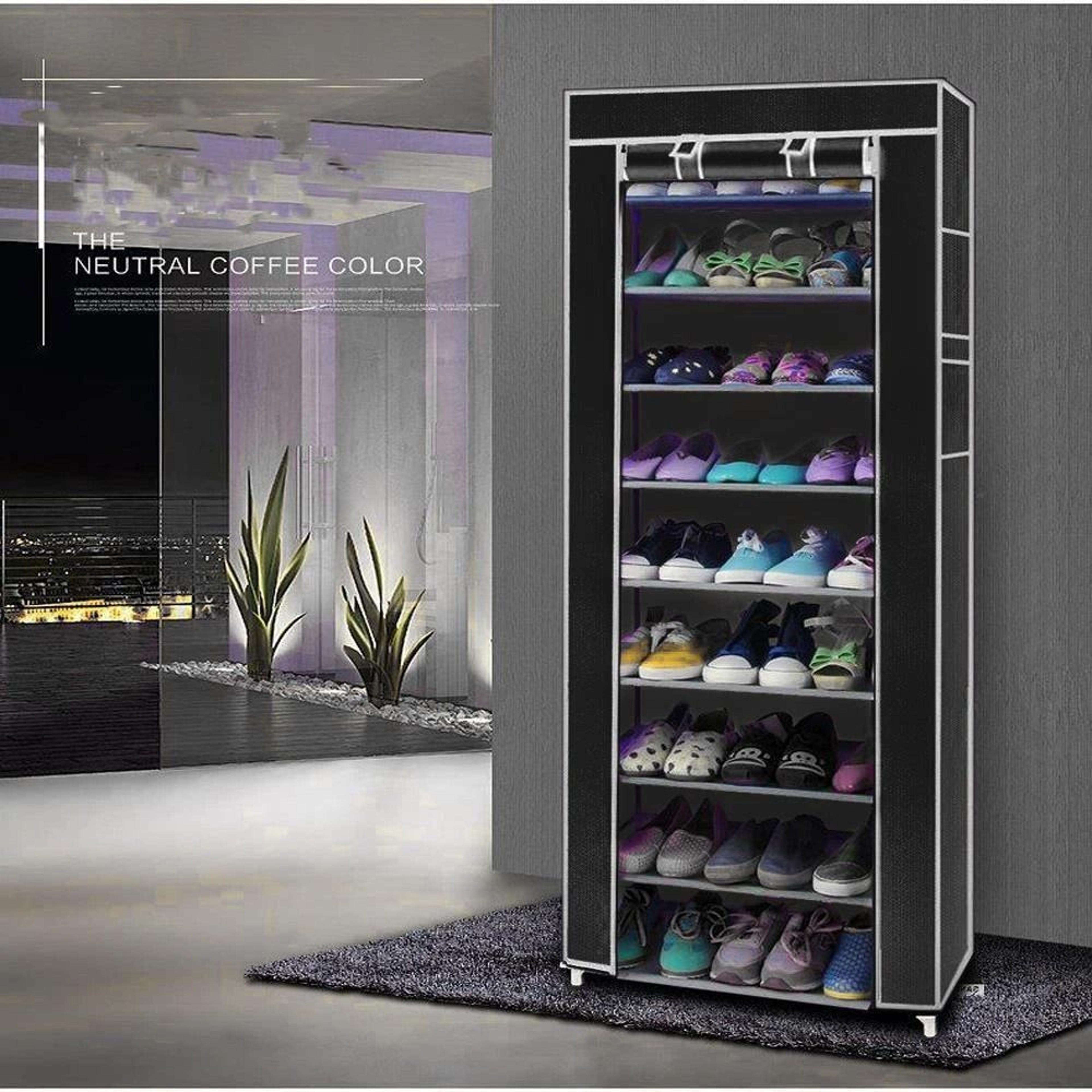 9 Tier Shoe Rack Shelf Black Closet Cabinet With Cover Standing Storage 1