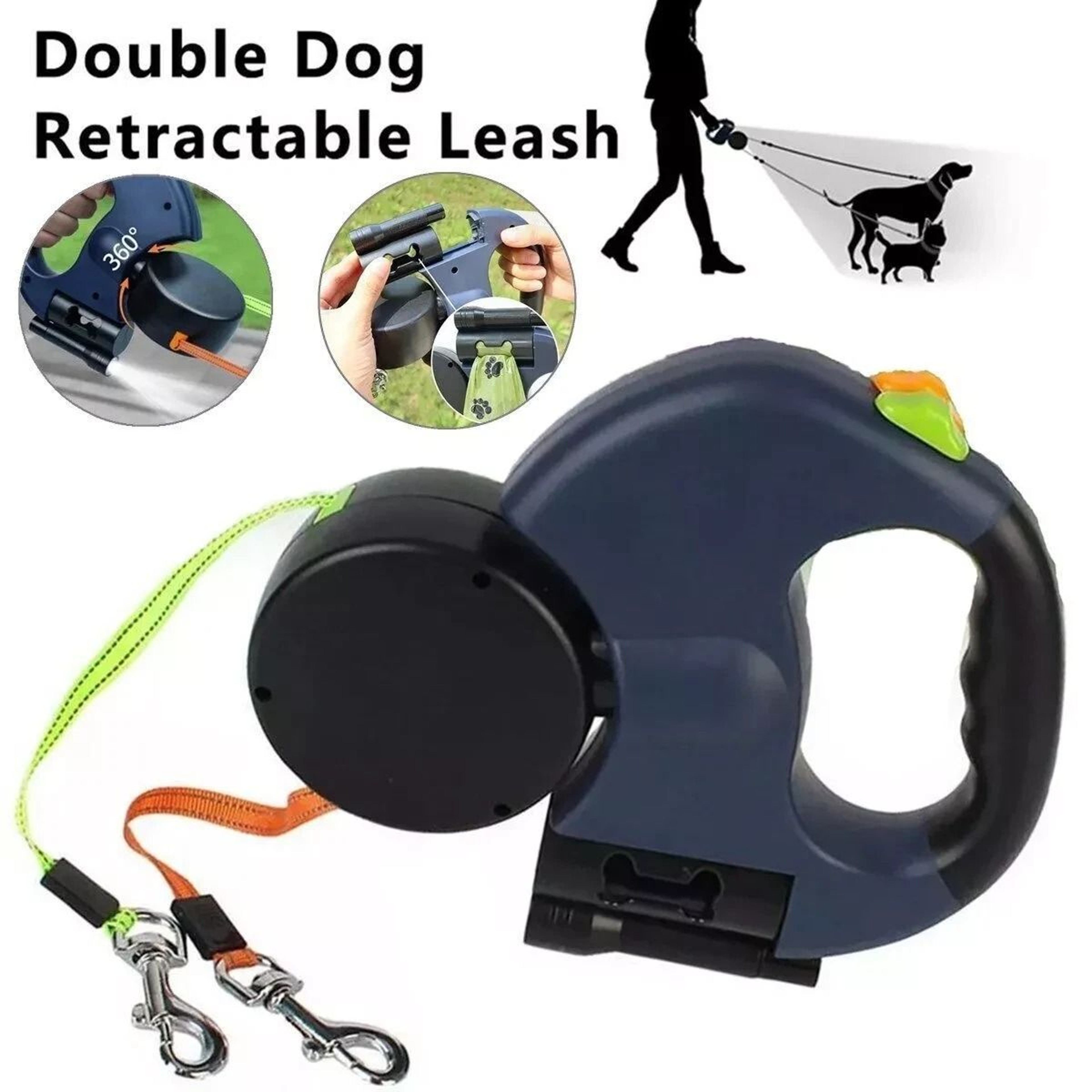 Double Dog Walking Leash Dual Pet Leash Retractable Swivel Reflective Lead 6