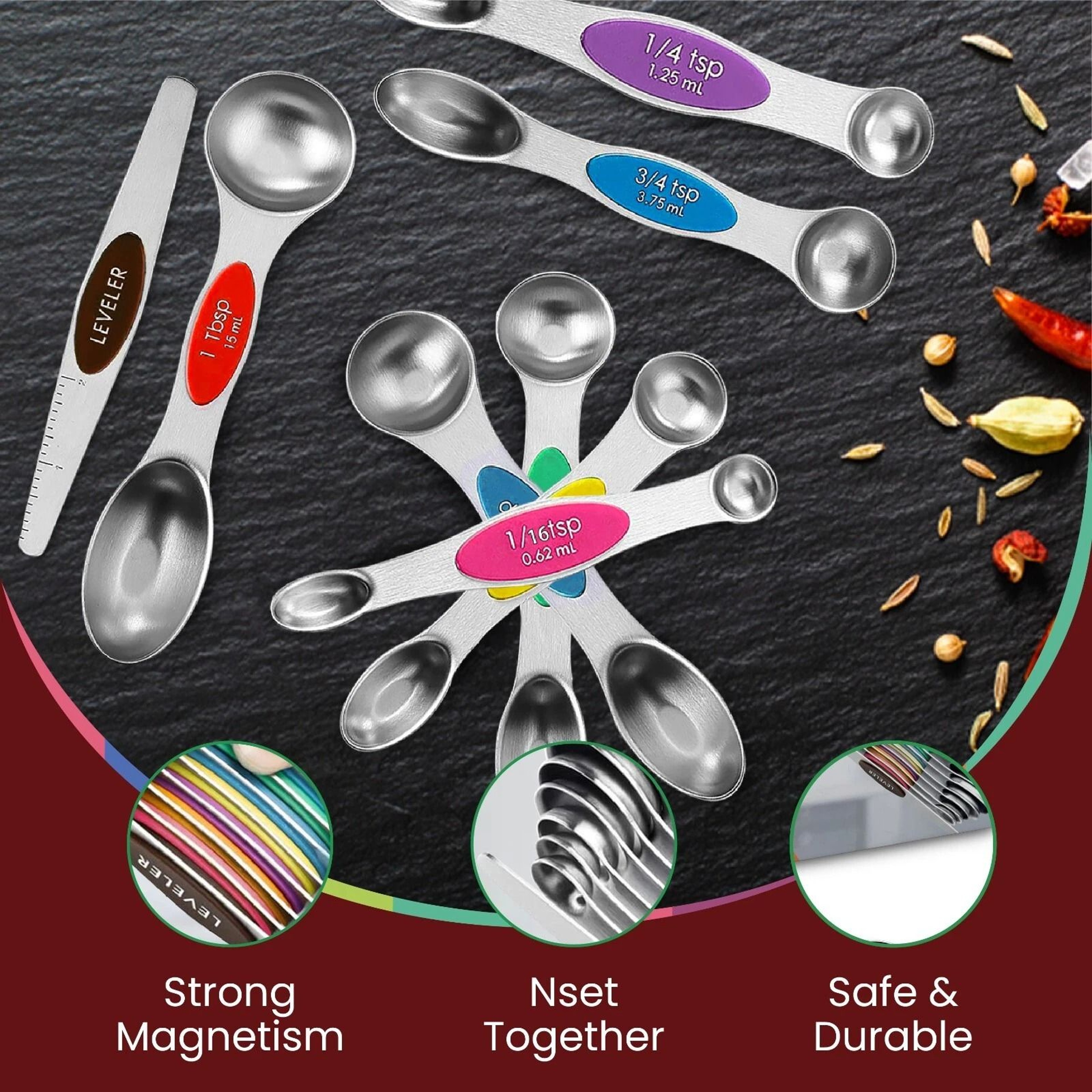 Magnetic Measuring Spoons Set Of Stainless Steel DualSided  Stackable 5