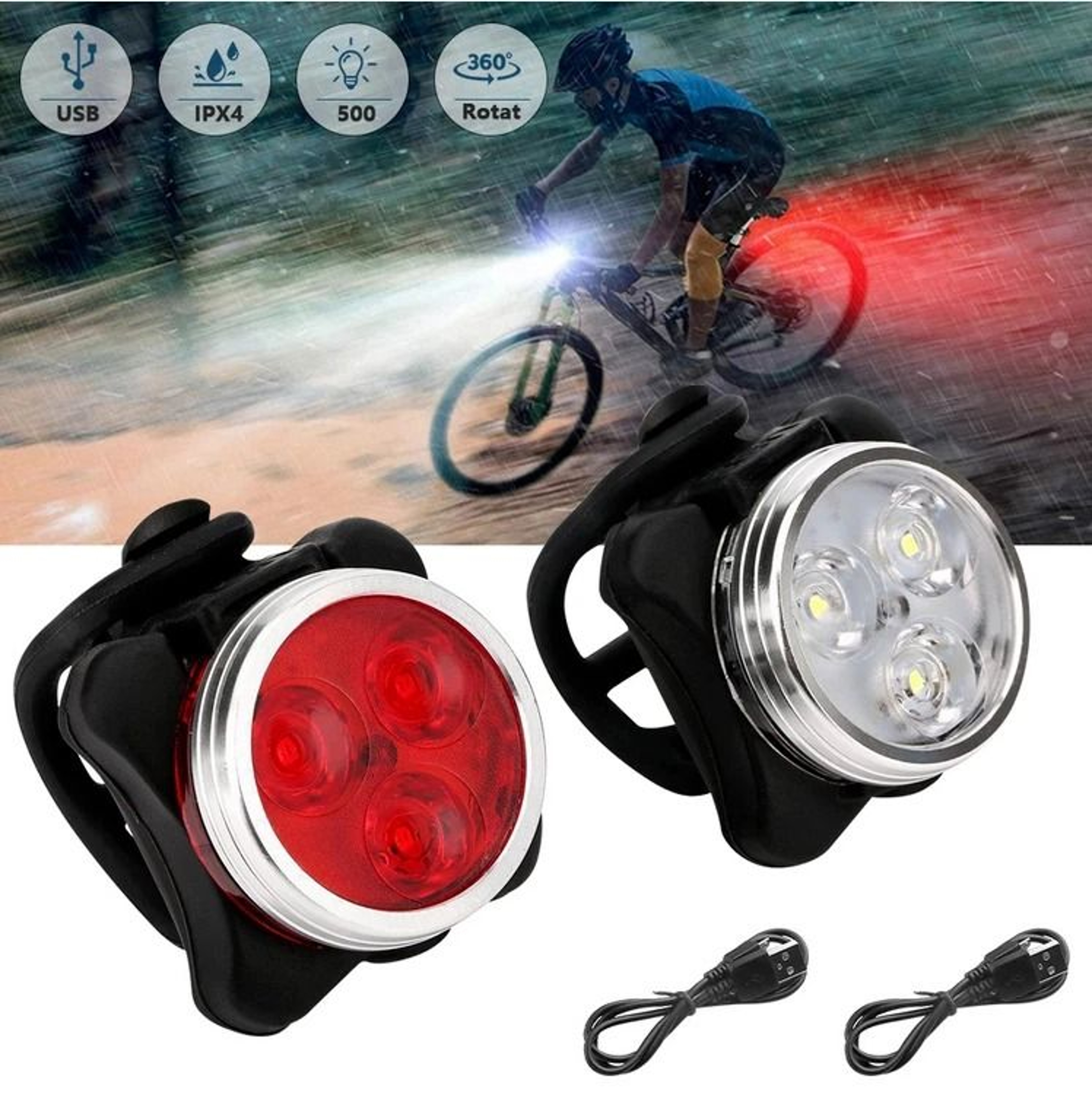 USB Rechargeable LED Bicycle Headlight  Rear Lamp Set Waterproof Adjustable Cycling Lights 2
