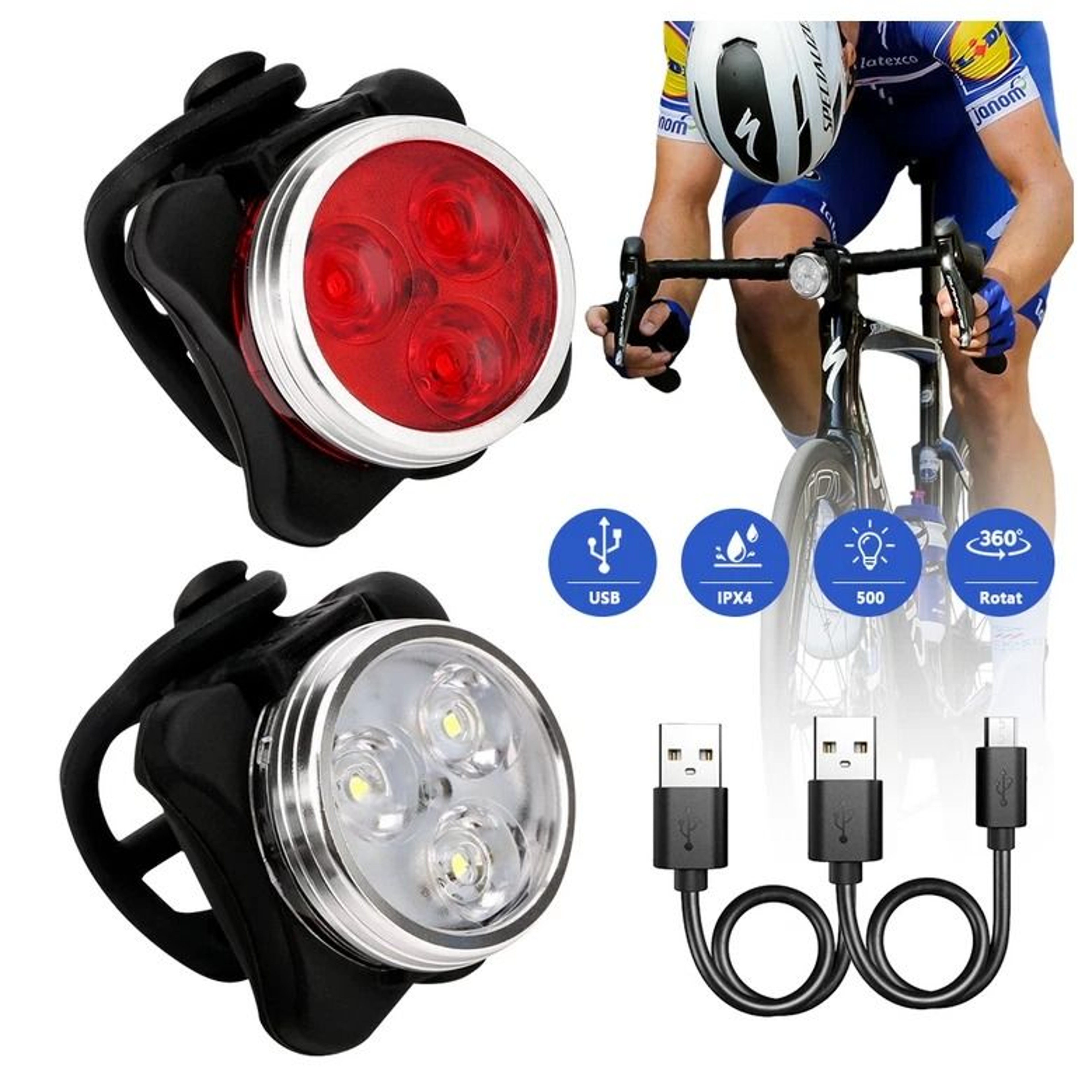 USB Rechargeable LED Bicycle Headlight  Rear Lamp Set Waterproof Adjustable Cycling Lights 3