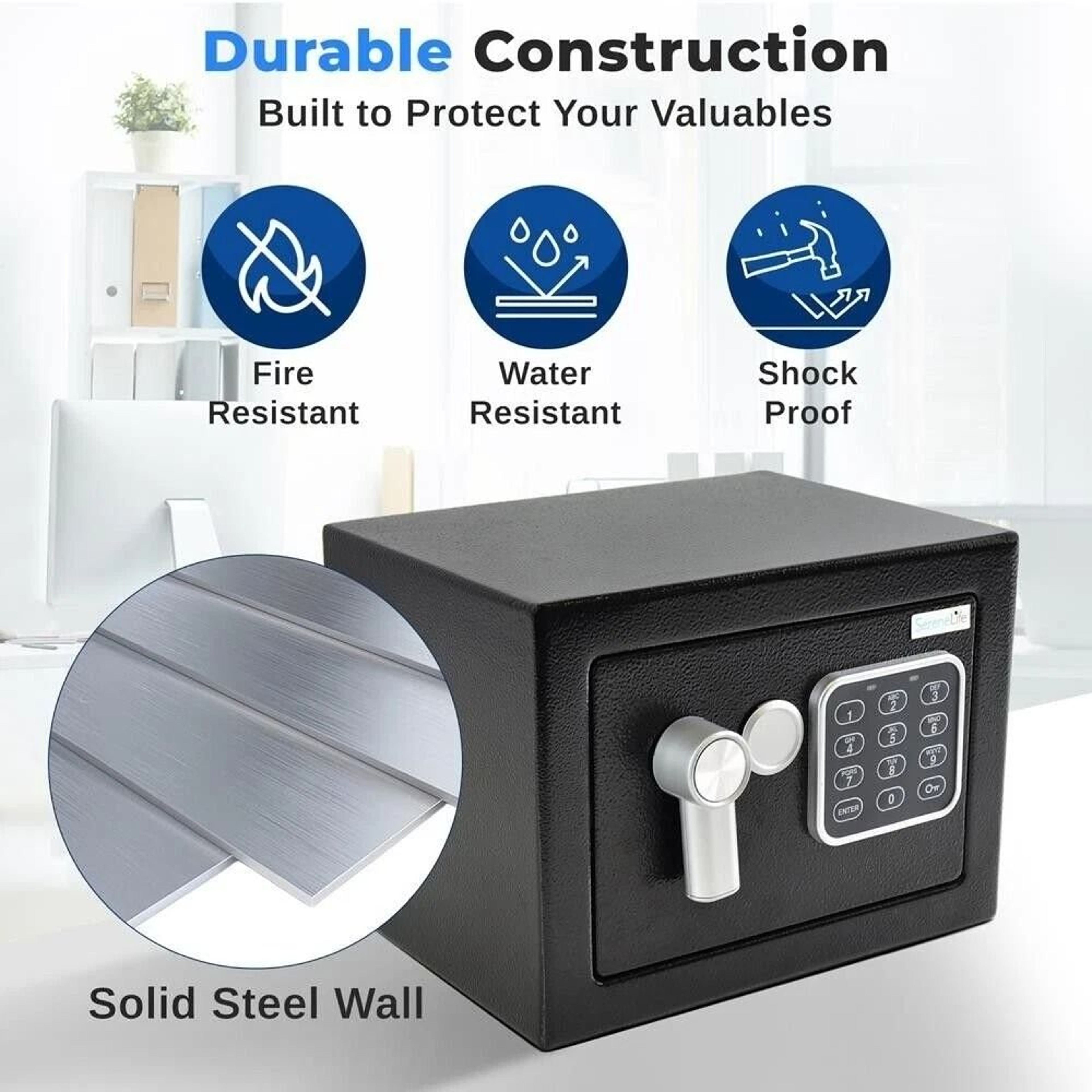 SereneLife Compact Digital Safe Box With Touch Pad  Backup Keys 3