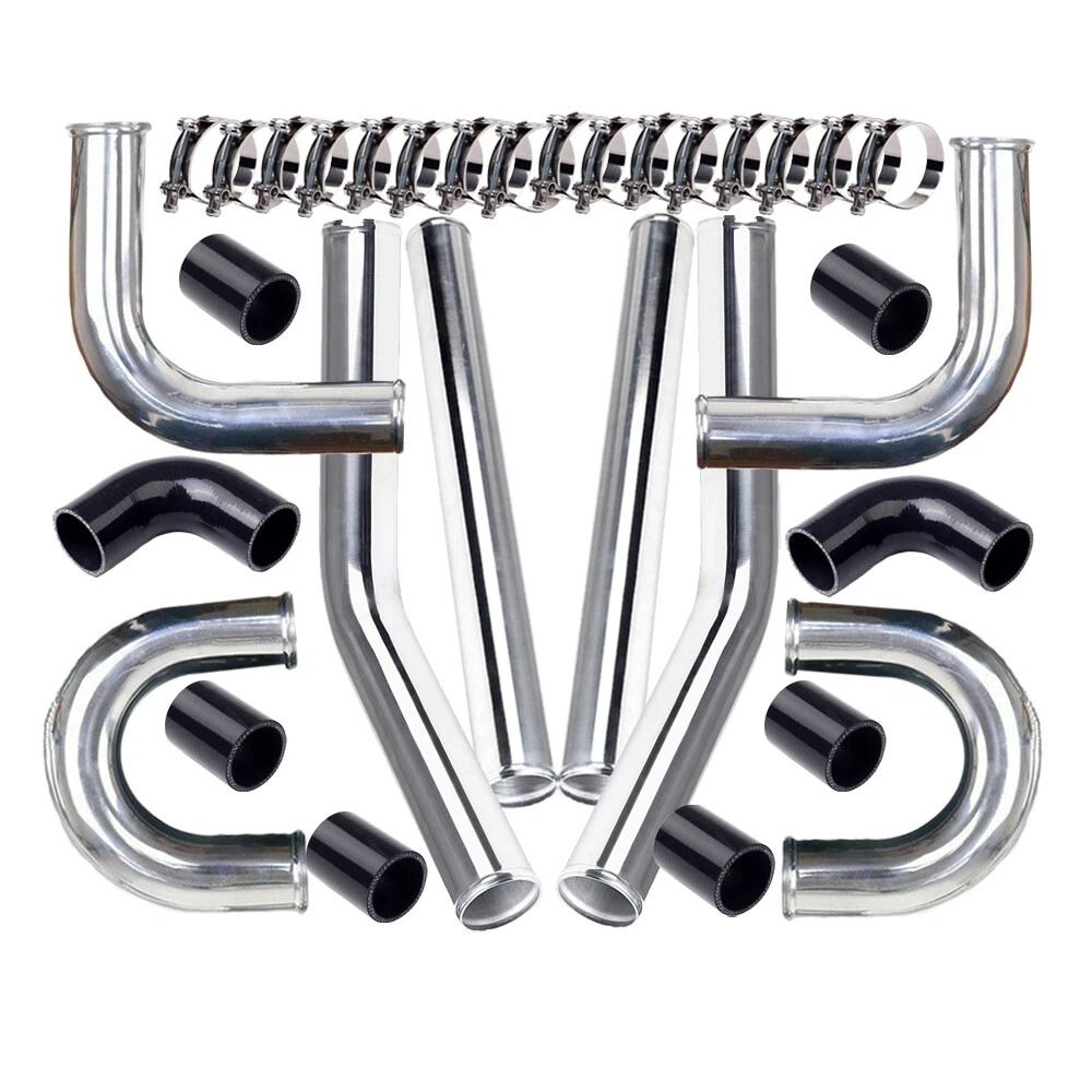 Polished Aluminum Intercooler Pipe Kit With Black Hose  Clamps Universal Upgrade 8