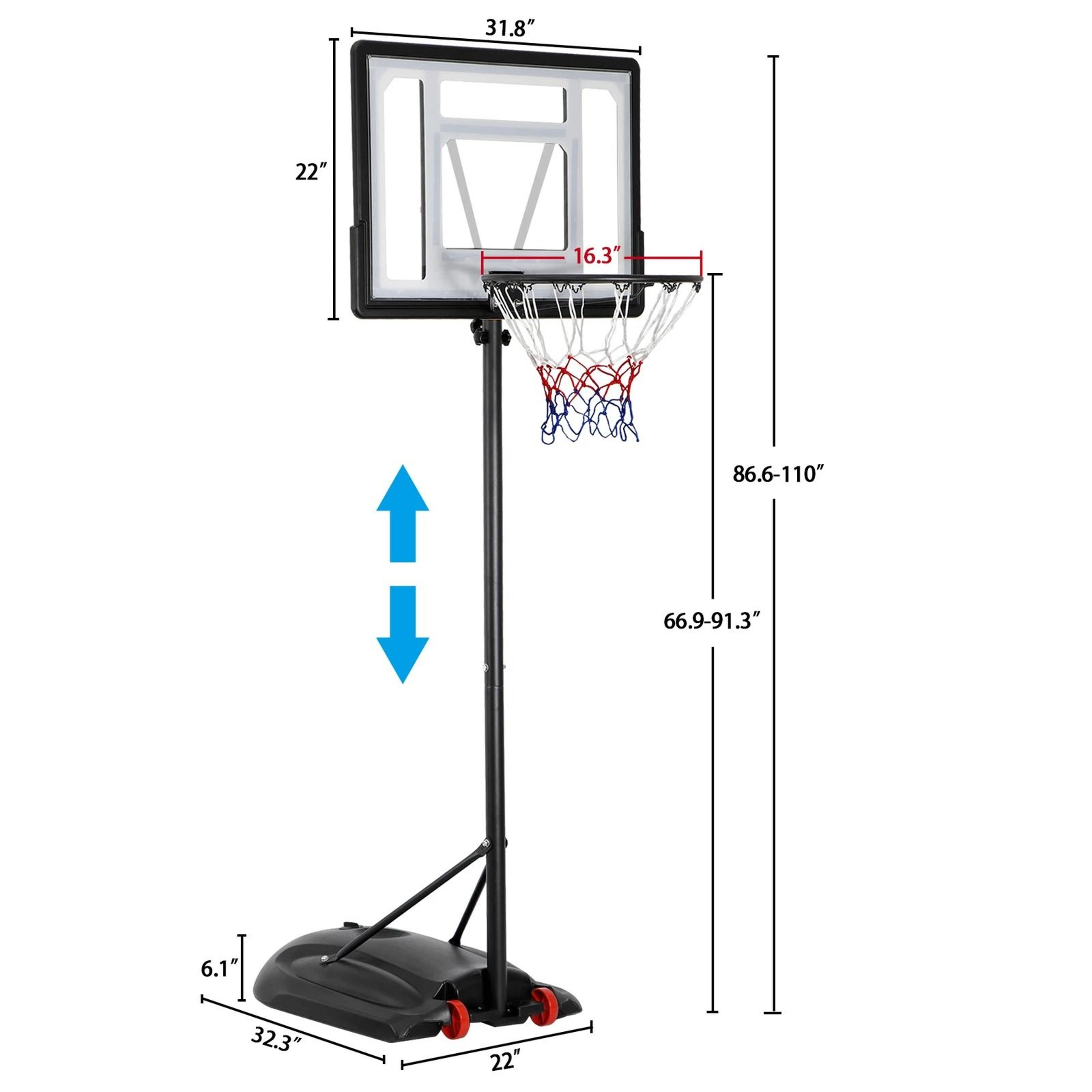 Portable Adjustable Basketball Hoop System With Wheels Outdoor Driveway Goal With PVC Backboard 8