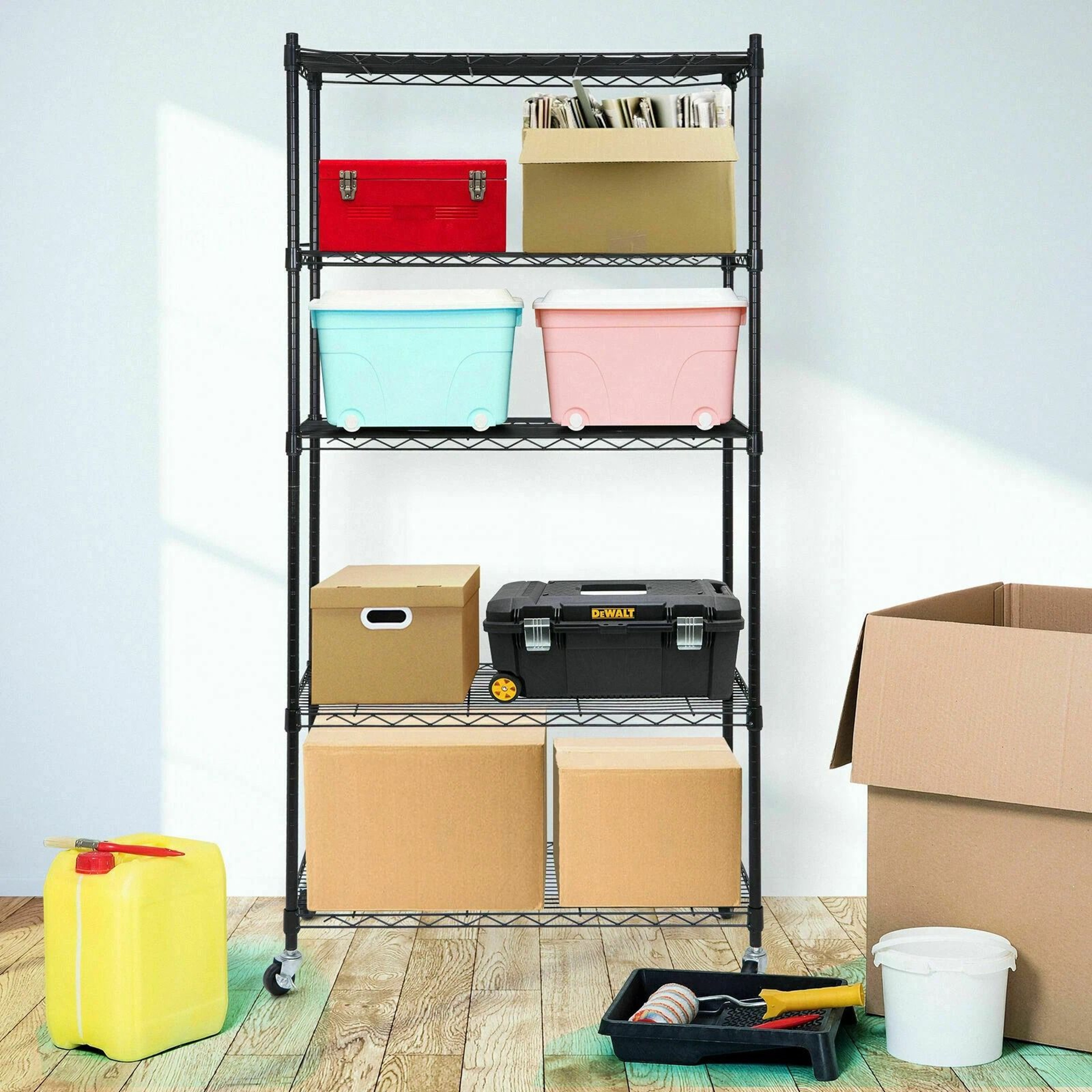 5 Tier Rolling Shelves Storage Rack With Large Space  Caster Steel Unit For Home Office  Garage Org 1