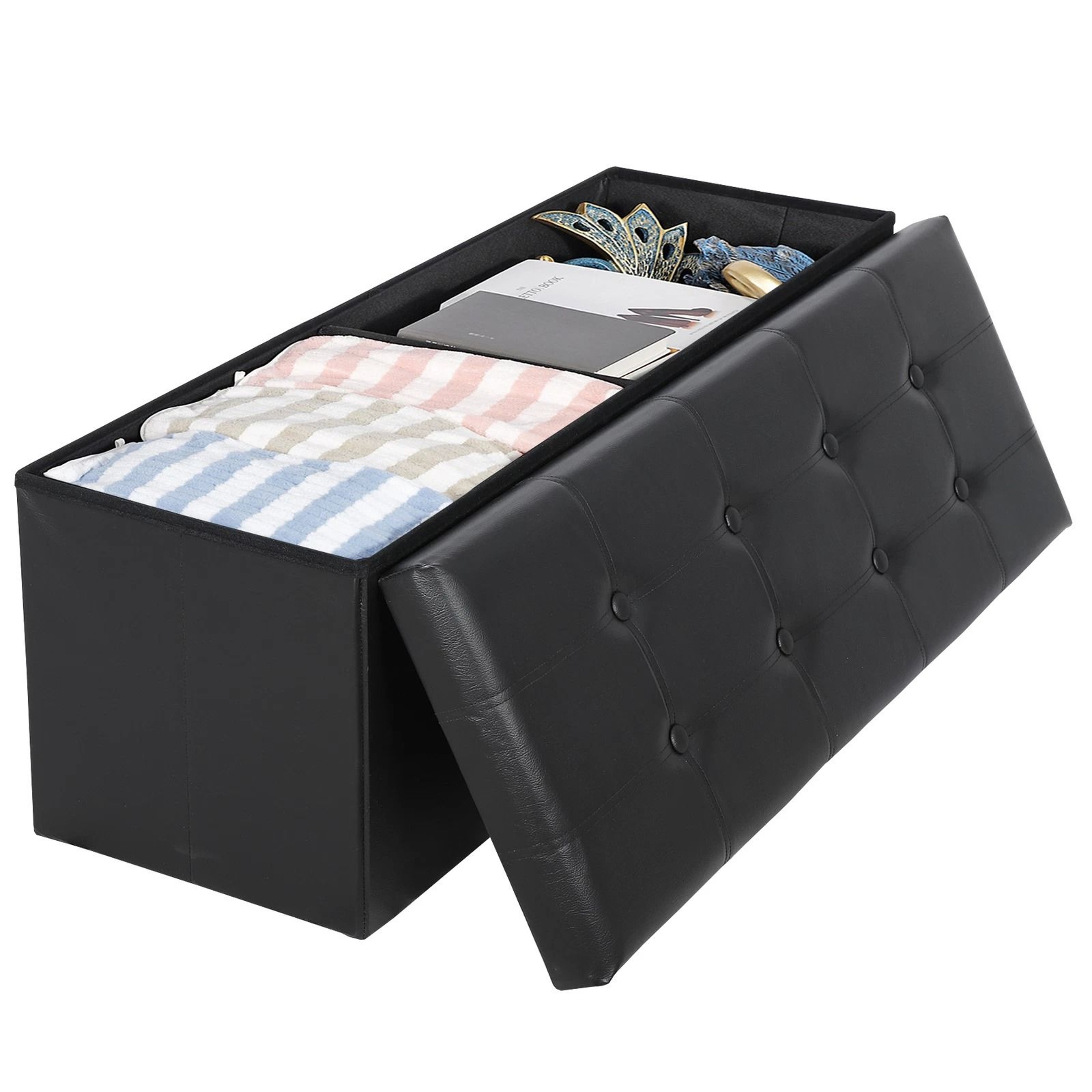 Premium Folding Storage Ottoman Bench With Faux Leather Bench Seat And Divider Hidden Storage Seat  9
