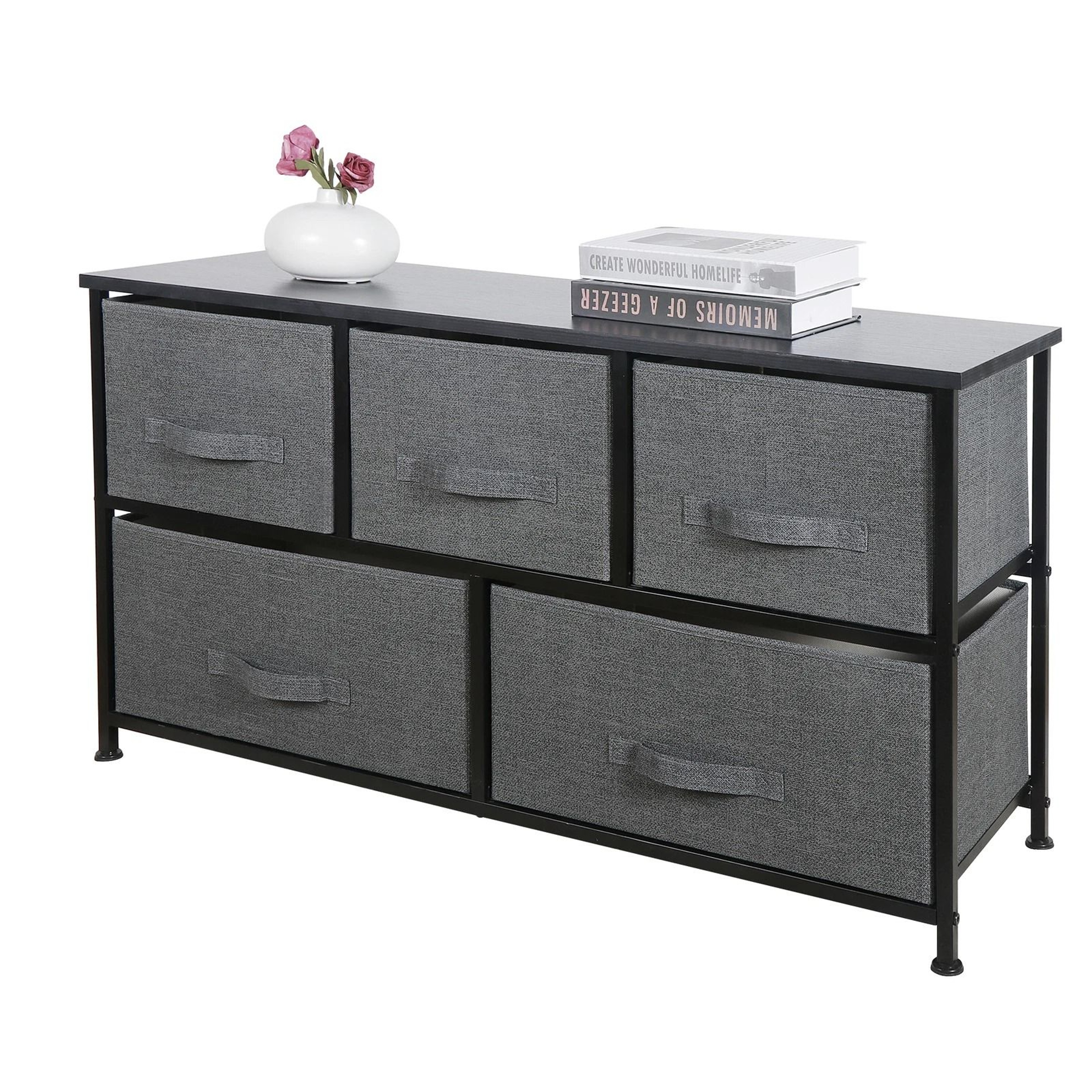 Dark Grey 5 Drawer Fabric Dresser Sturdy Chest With Wide Storage For Bedroom Organization 1