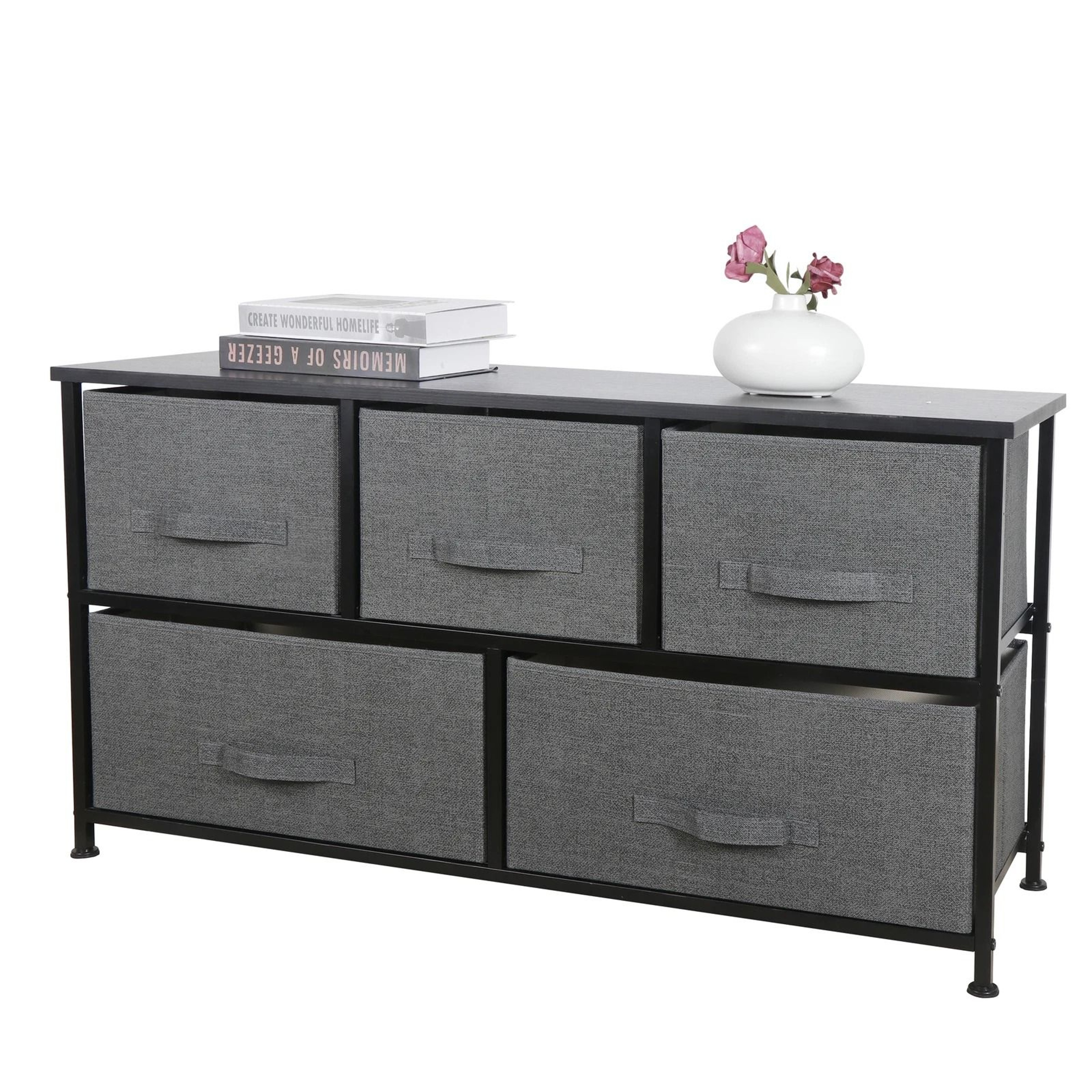Dark Grey 5 Drawer Fabric Dresser Sturdy Chest With Wide Storage For Bedroom Organization 6