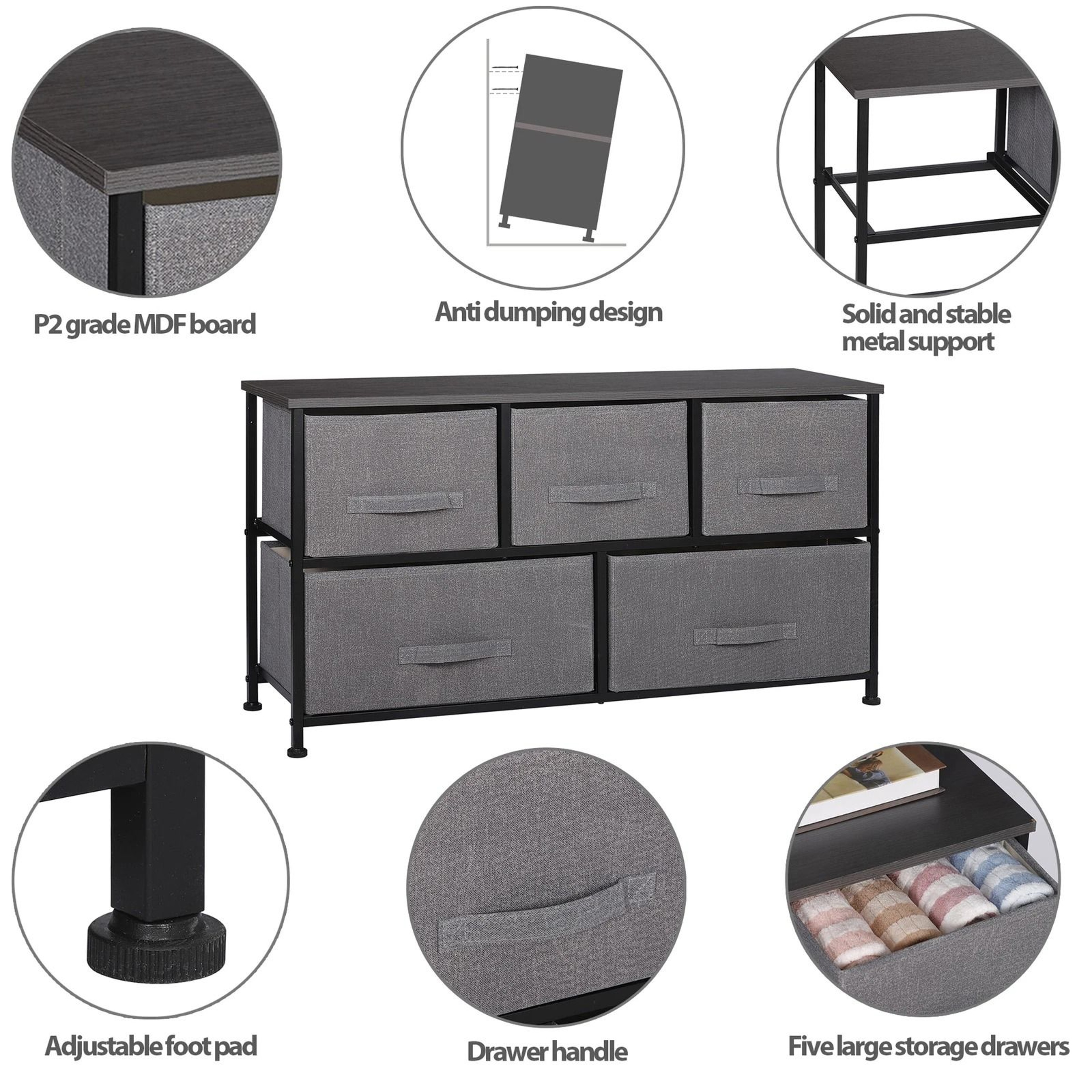 Dark Grey 5 Drawer Fabric Dresser Sturdy Chest With Wide Storage For Bedroom Organization 8