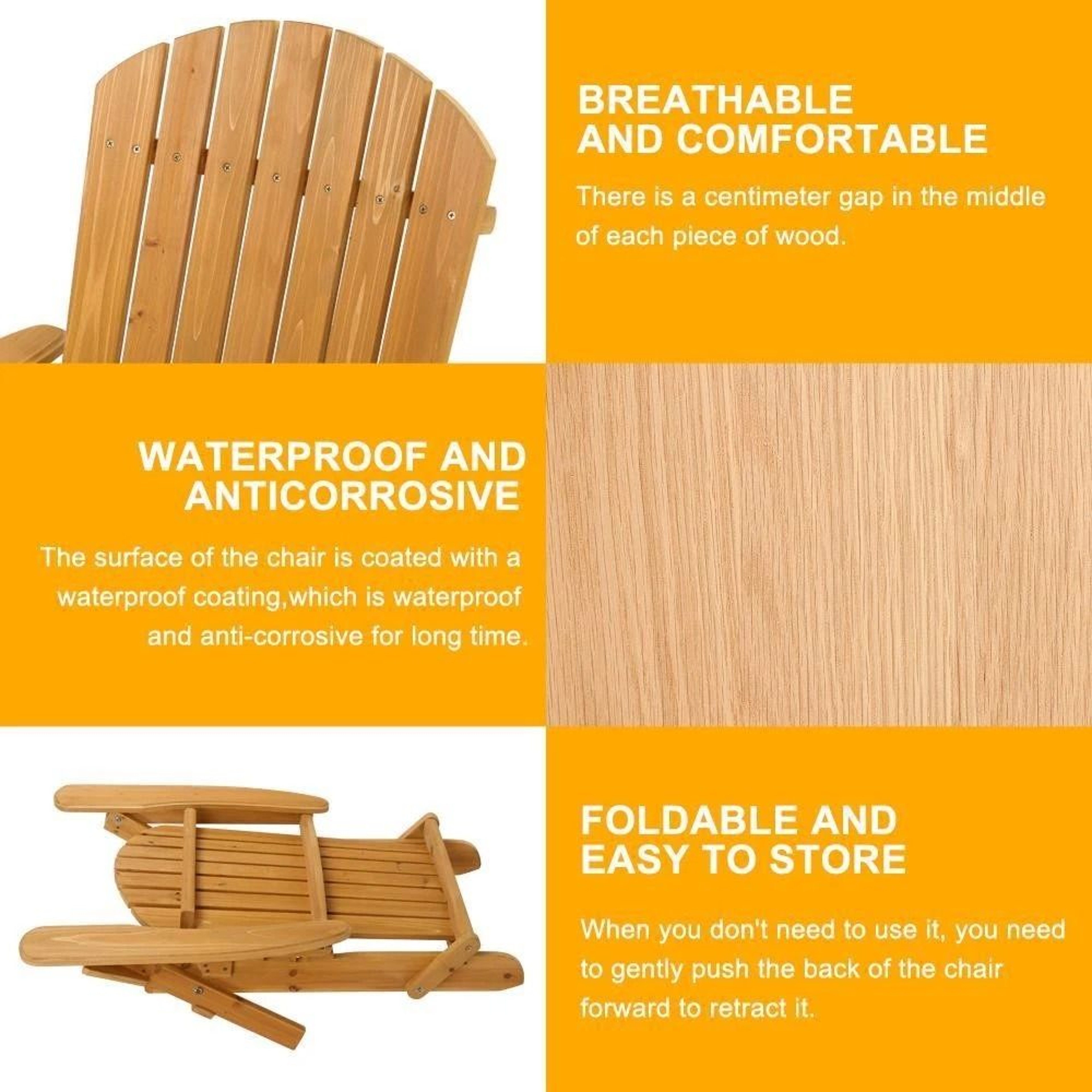 Foldable Fir Wood Adirondack Chair Comfortable Outdoor Patio Furniture Lounge Seat 2
