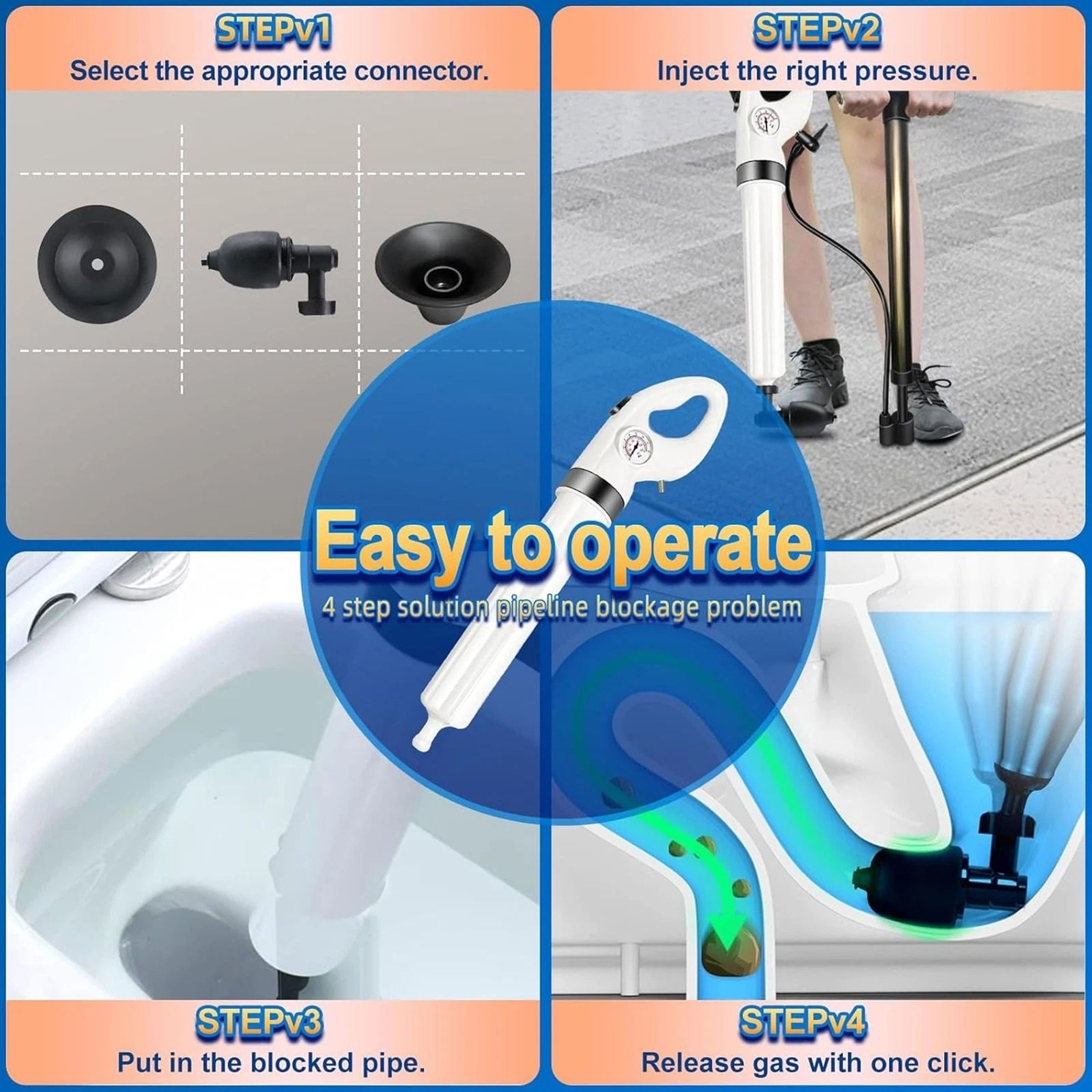 Bathroom Manual High Pressure Air Toilet Plunger Powerful Drain Unclogger 6