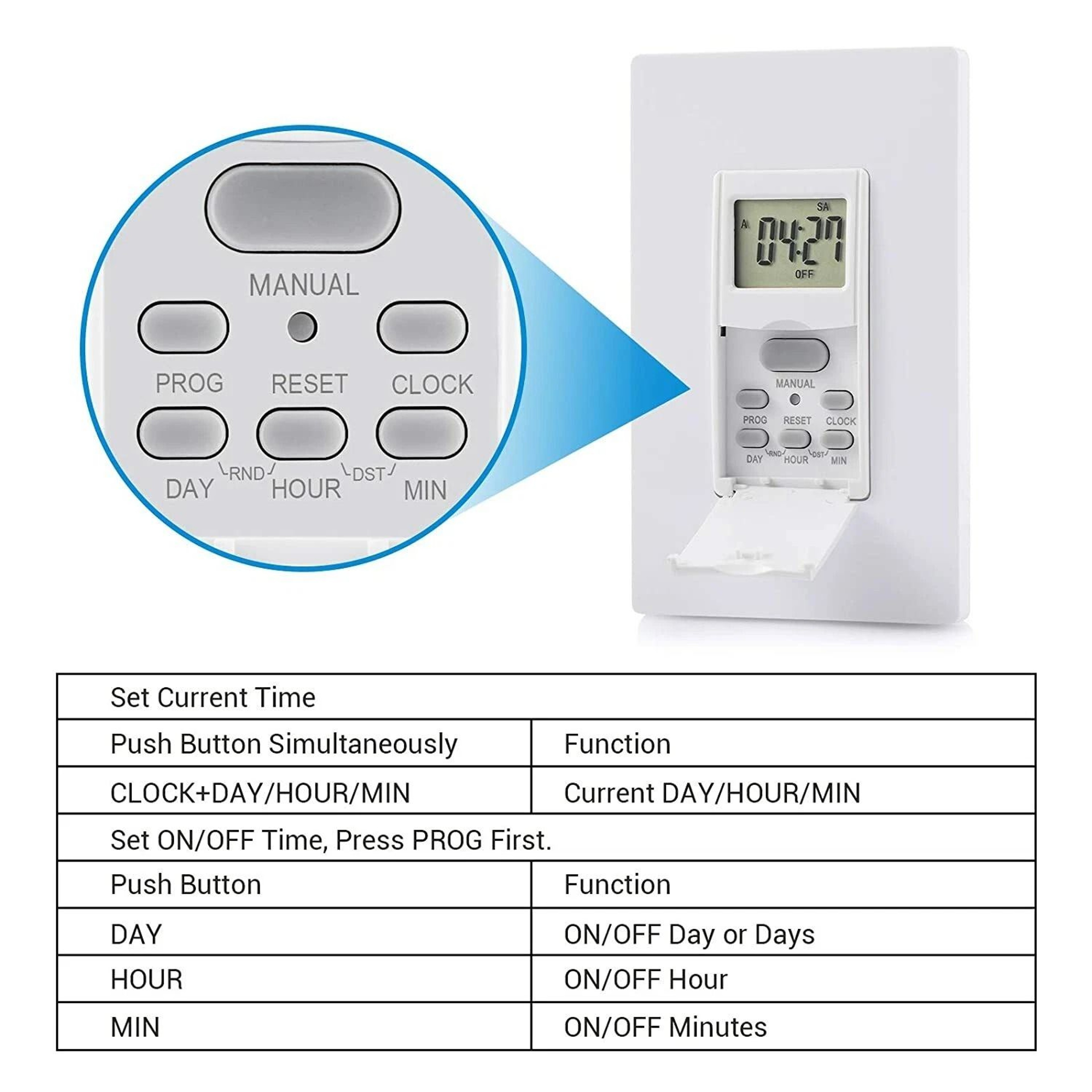 7 Day Programmable Digital In Wall Timer Switch For Lights And Fans 5