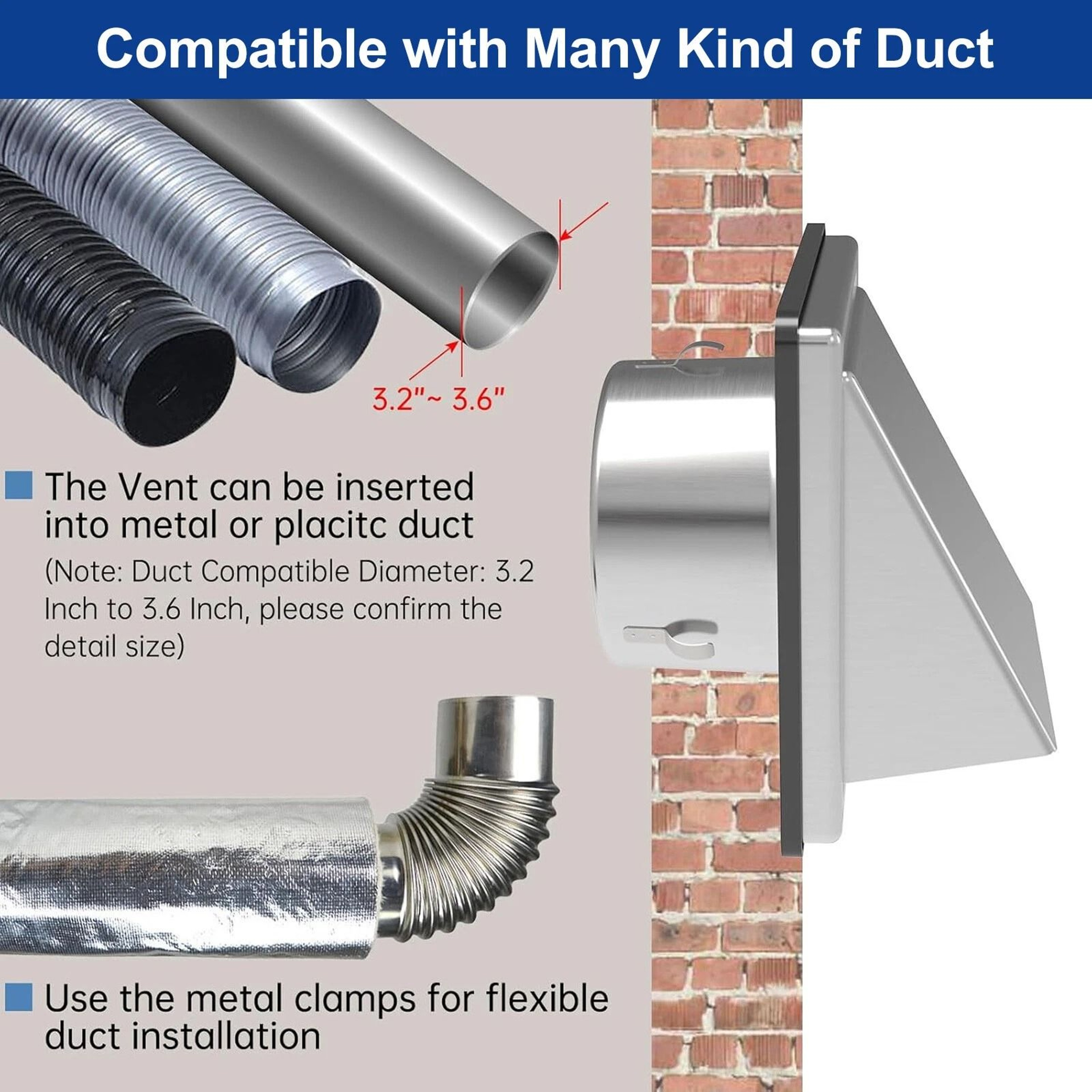 Stainless Steel Dryer Vent Cover Exterior Wall Hood For Airflow Protection 3