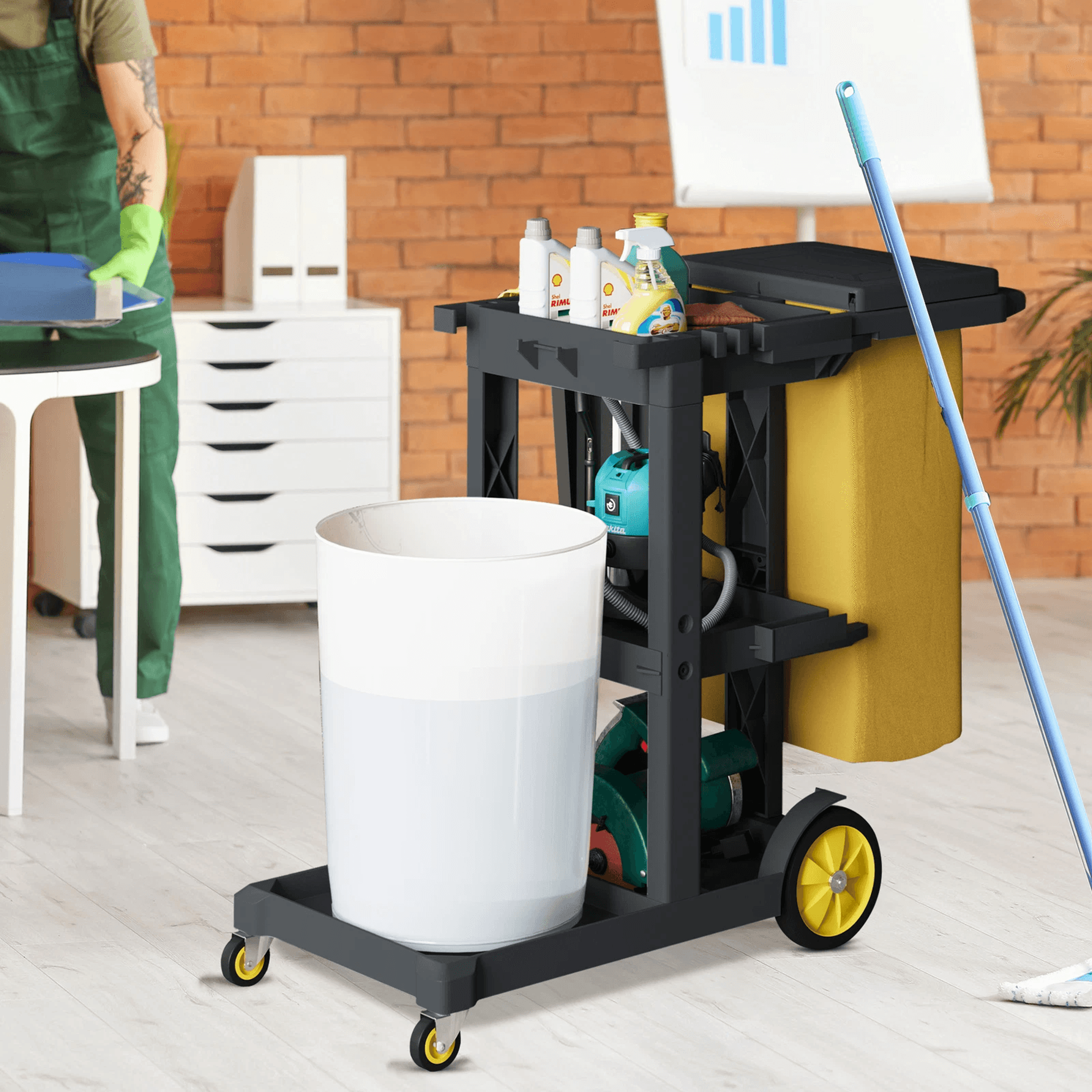 Commercial Janitorial Cart With Bag 3 Shelf Cleaning Cart On Wheels 0