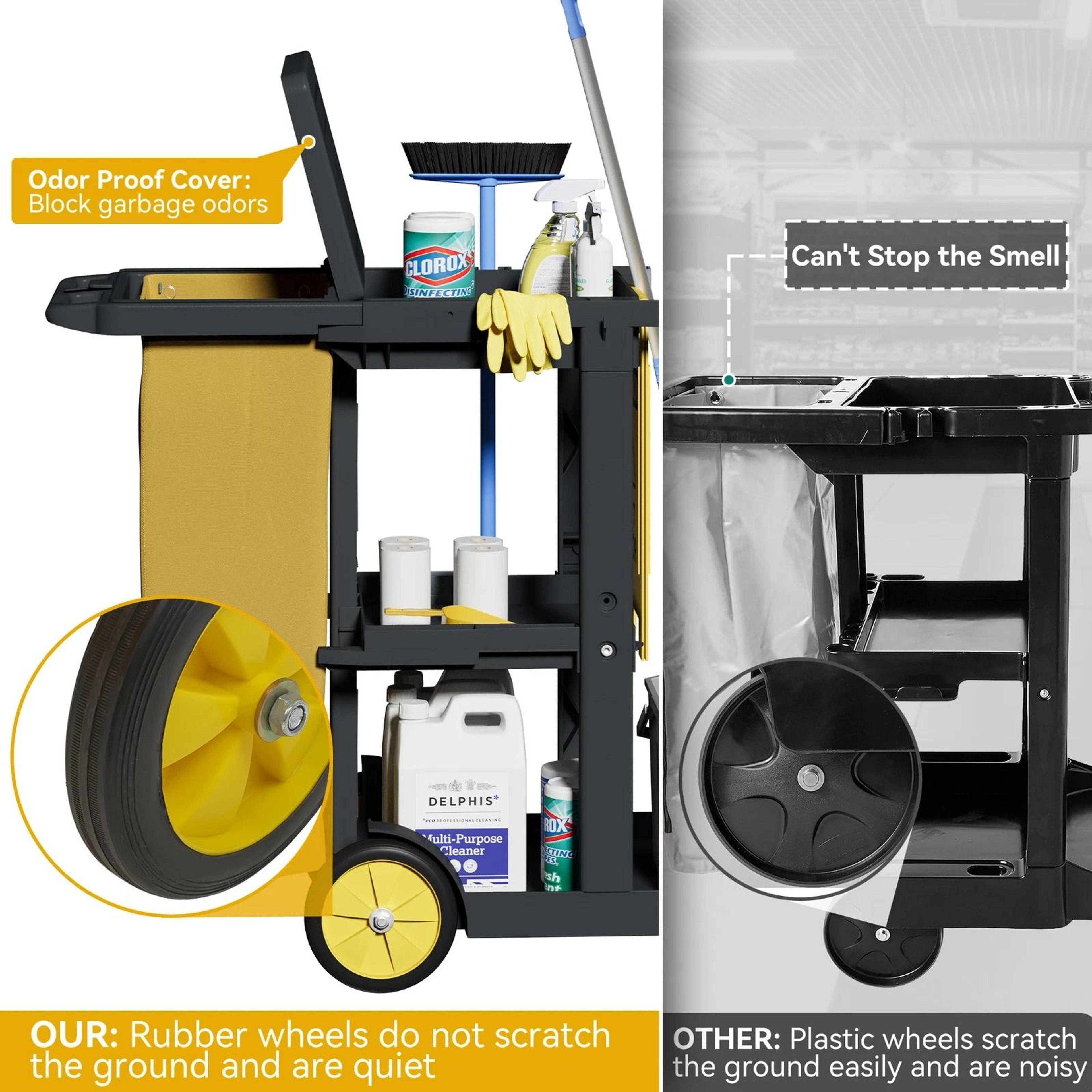 Commercial Janitorial Cart With Bag 3 Shelf Cleaning Cart On Wheels 2
