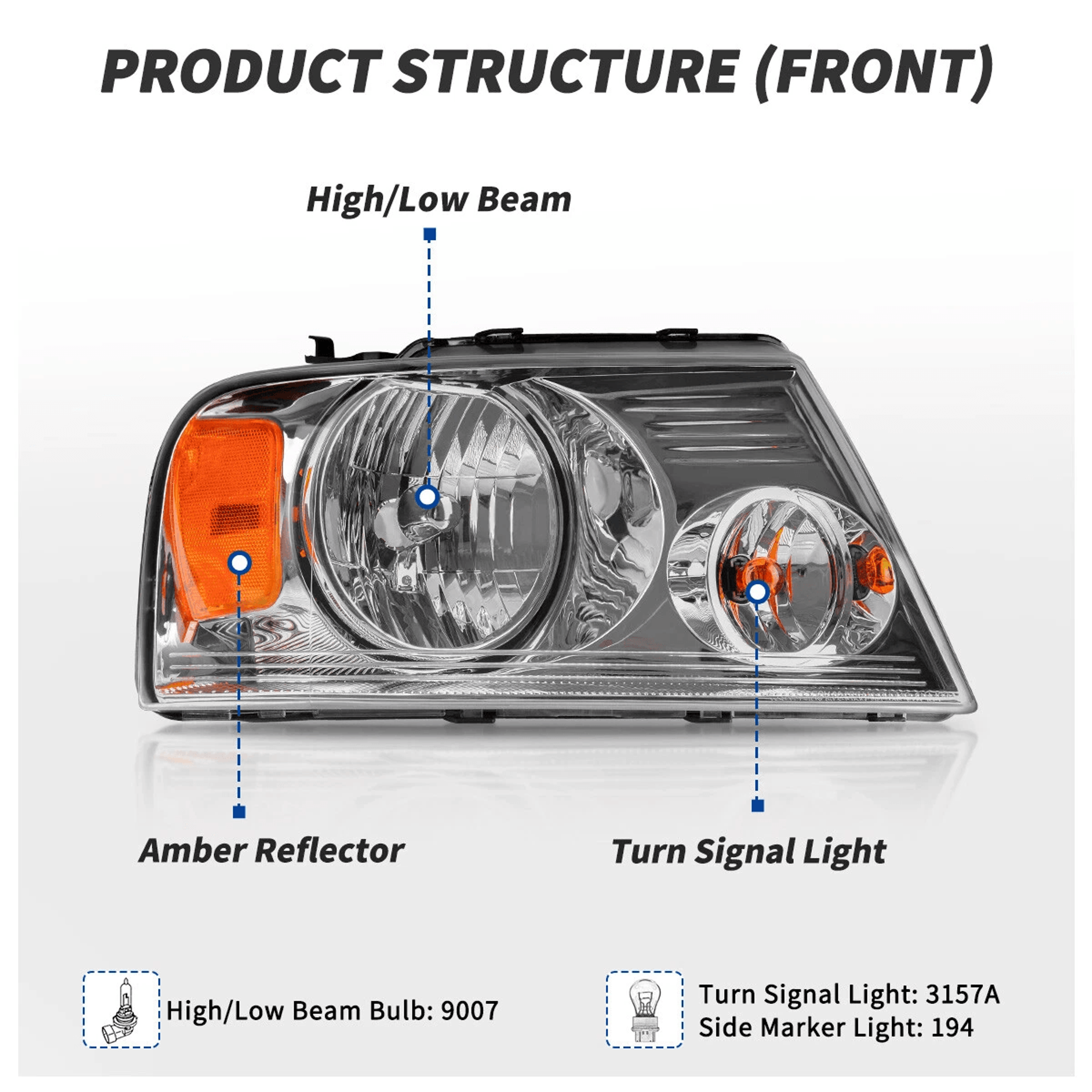 Ford Headlight Assembly Pair Chrome Amber Halogen Replacement 11