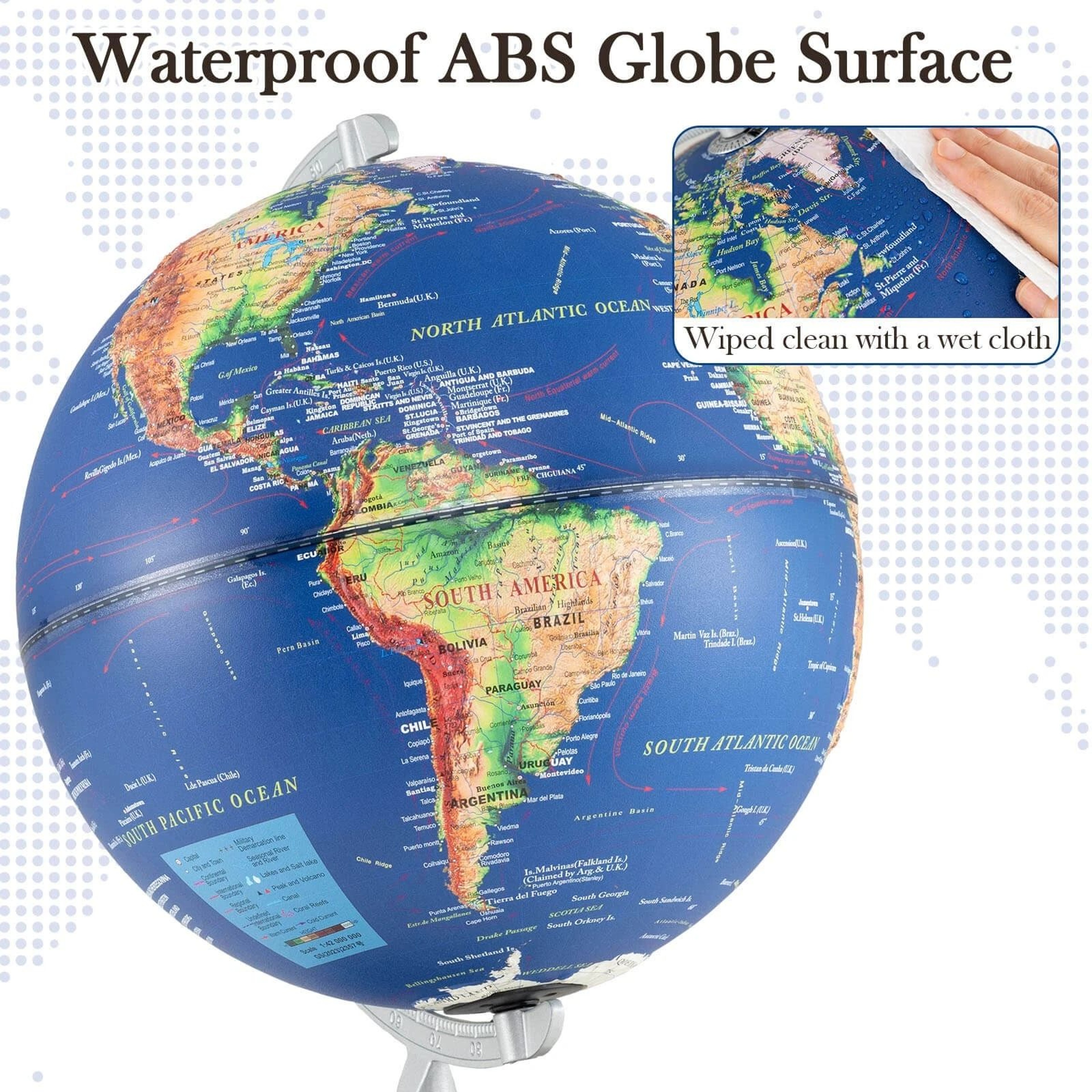 Illuminated World Globe With Raised Relief  LED Lights Time Zone Non Slip Base 1