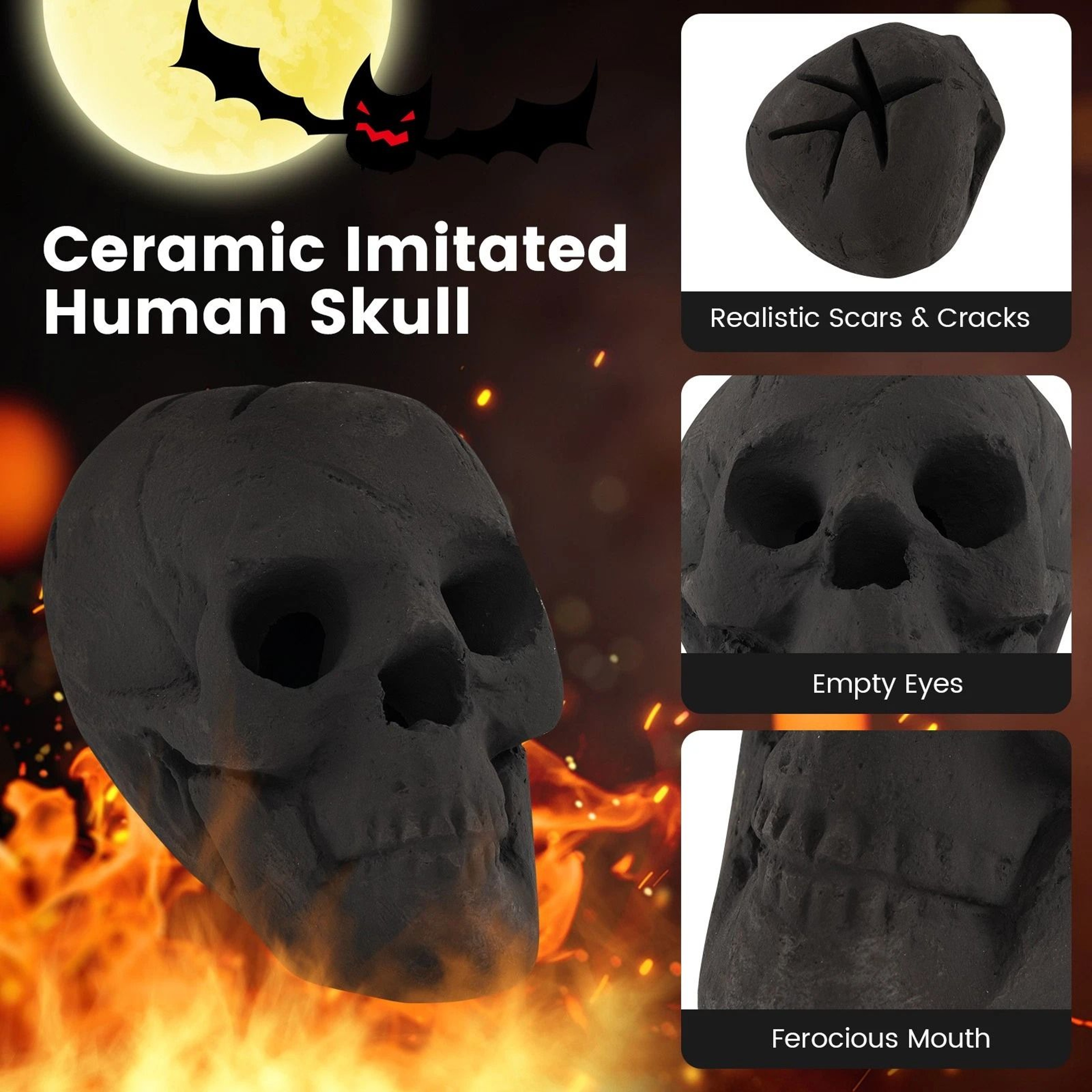 Ceramic Fireproof Fire Pit Skull Reusable Black Gas Fire Pit Accessory 6