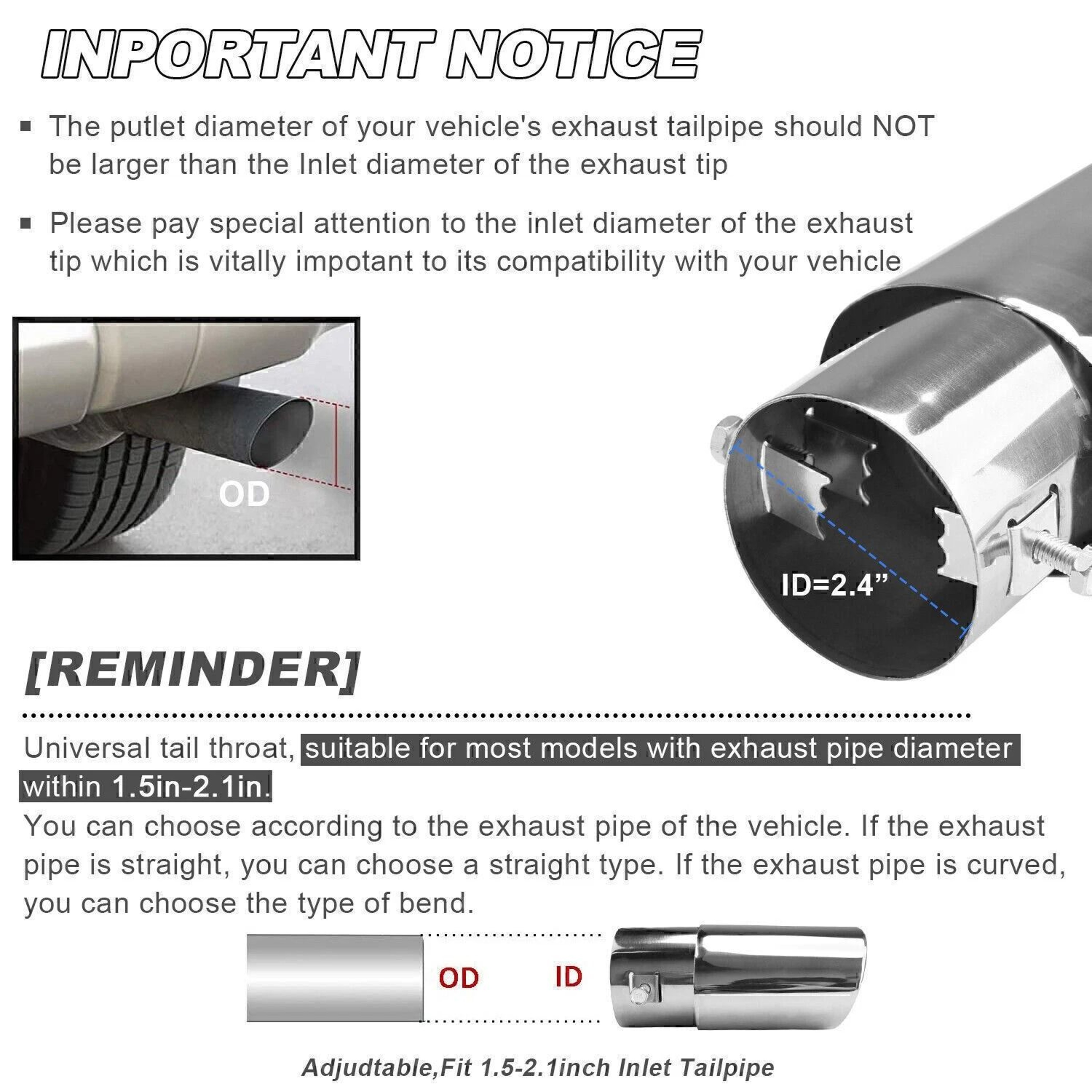Universal Stainless Steel Exhaust Tip Chrome Rear Clamp On Exhaust Tip For Straight Tailpipes 15