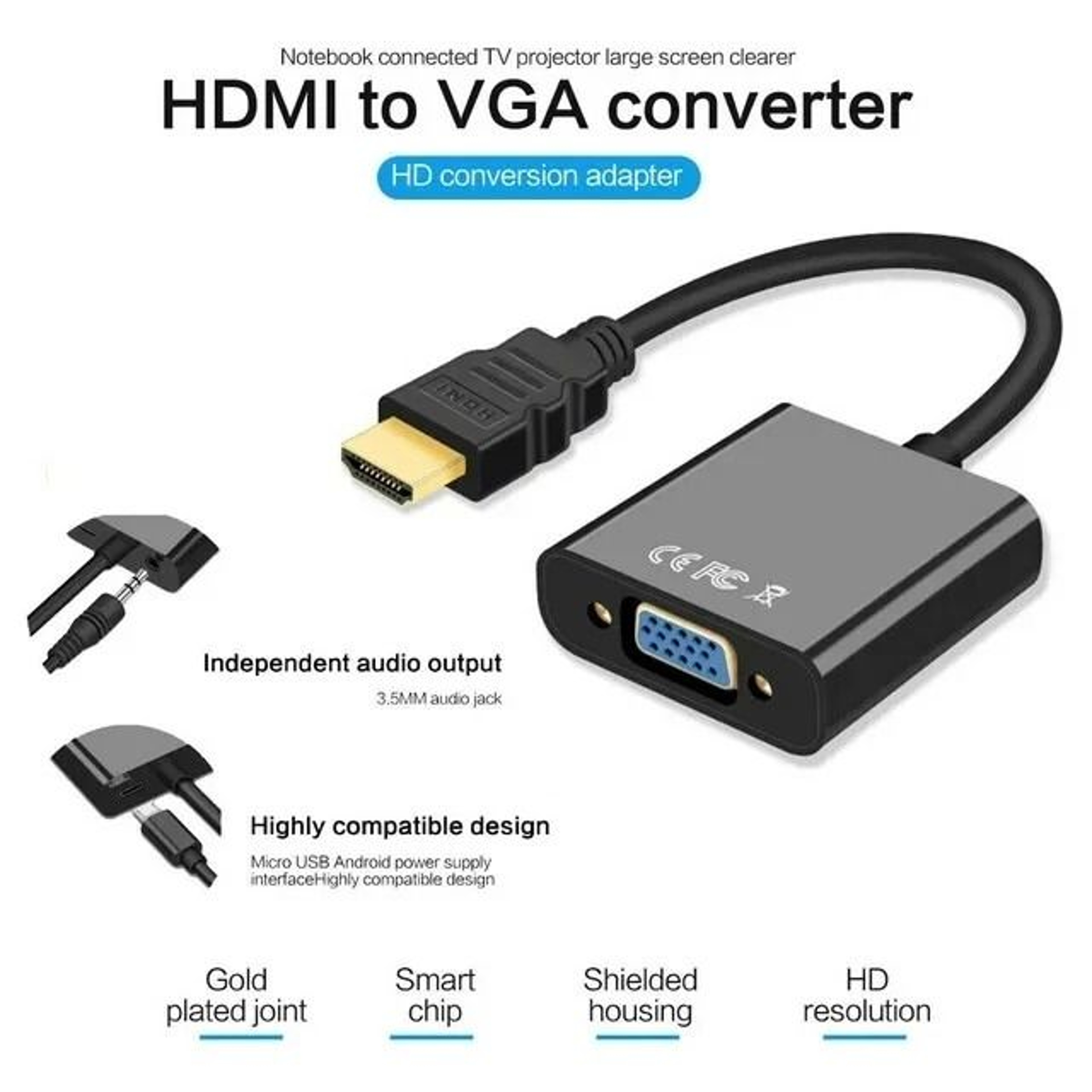 HDMI To VGA Adapter With Audio And Power For Monitor Projector Laptop 7