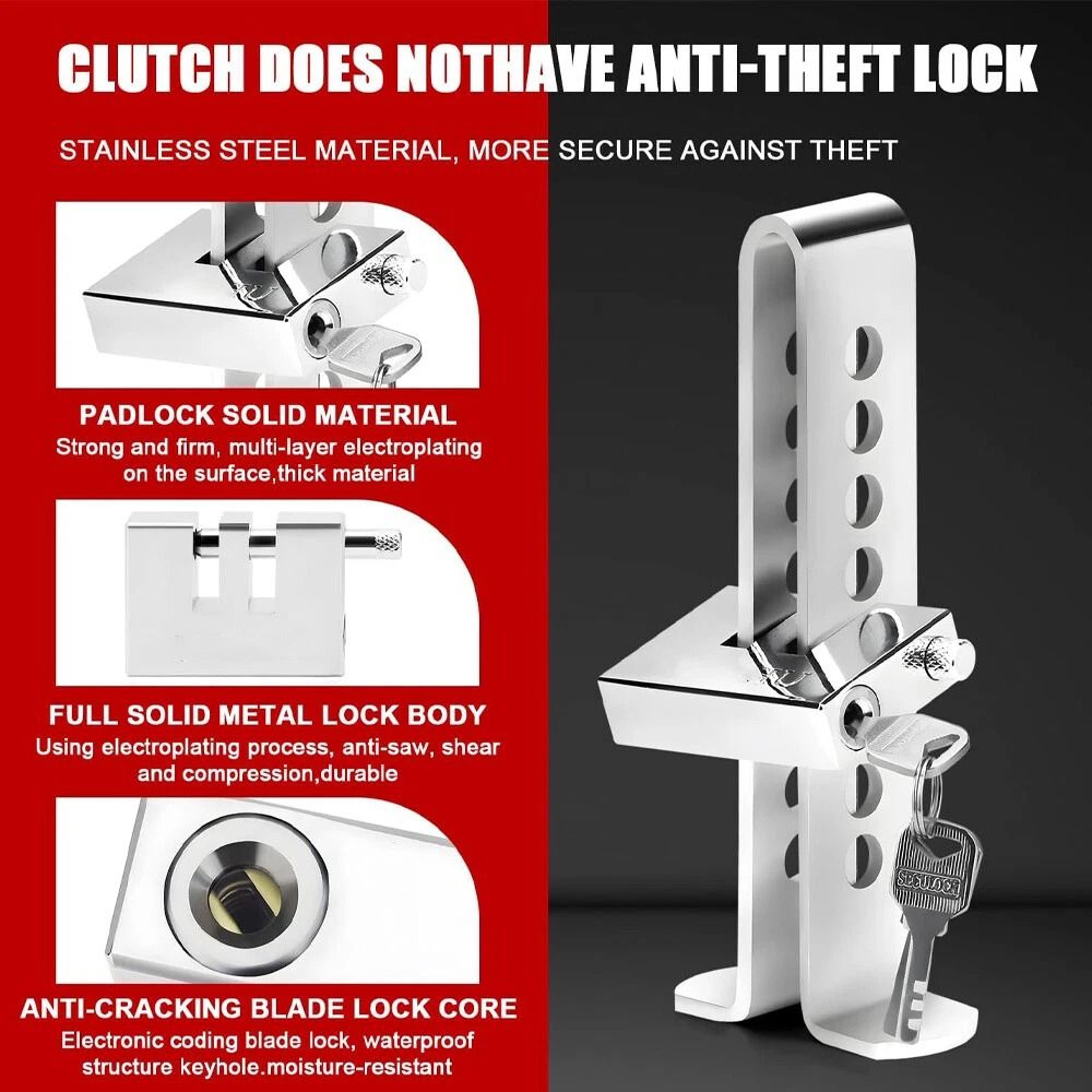 Stainless Steel Brake Pedal Lock Anti Theft Vehicle Security With 3 Keys 8