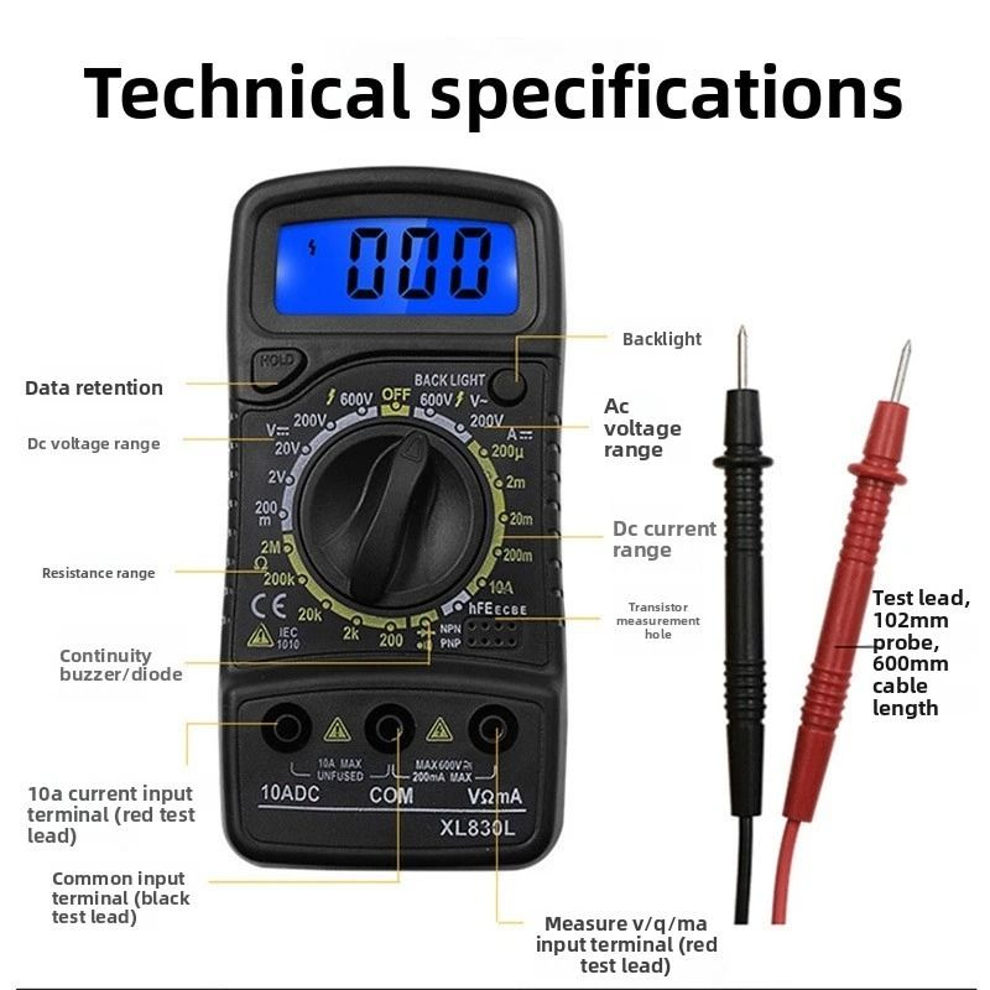 Digital Multimeter AC DC Voltmeter  Voltage Tester With Ohmmeter Ammeter 9V Powered 1