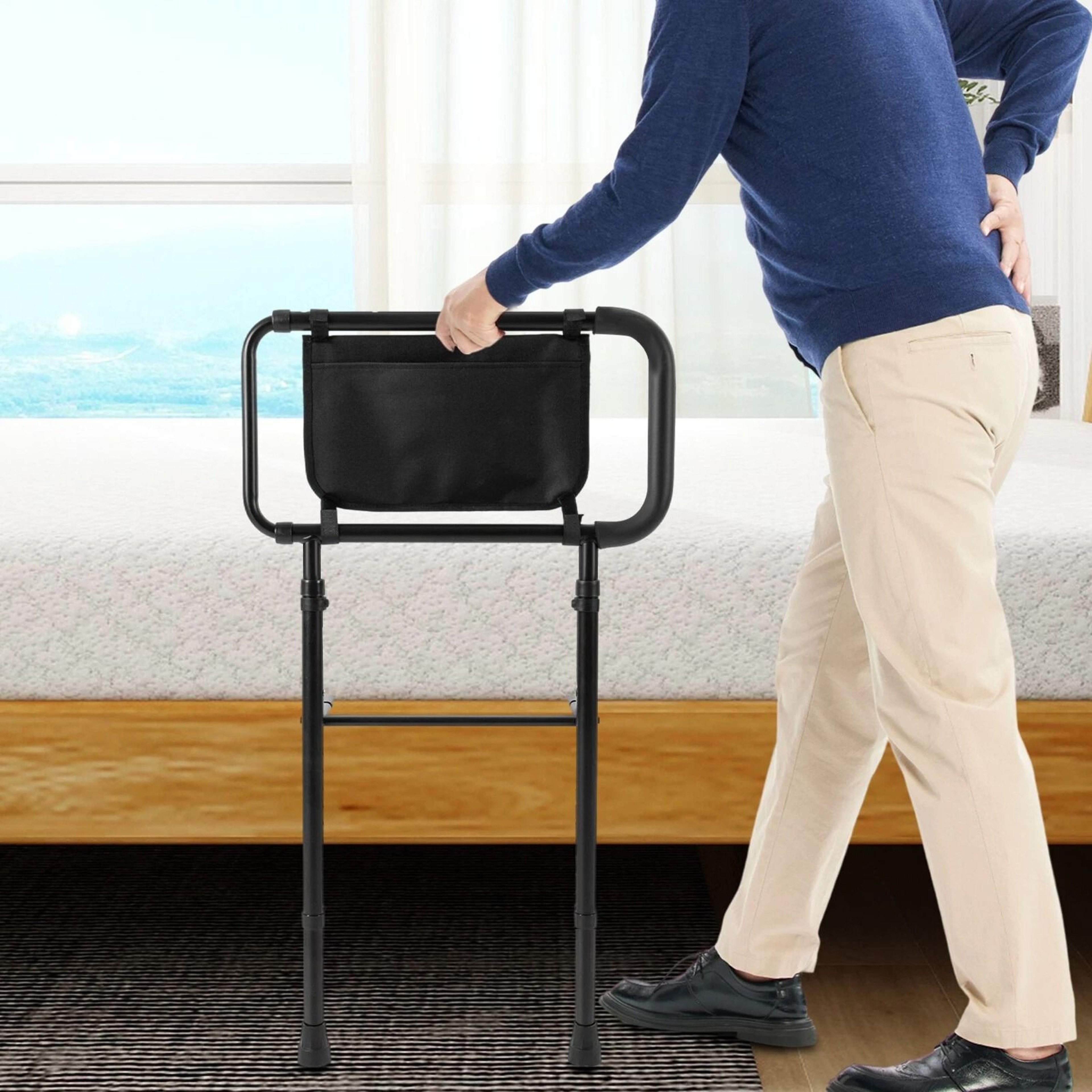 Adjustable Bed Assist Bar  Bedside Rail With Storage Pocket For Safer Mobility 4