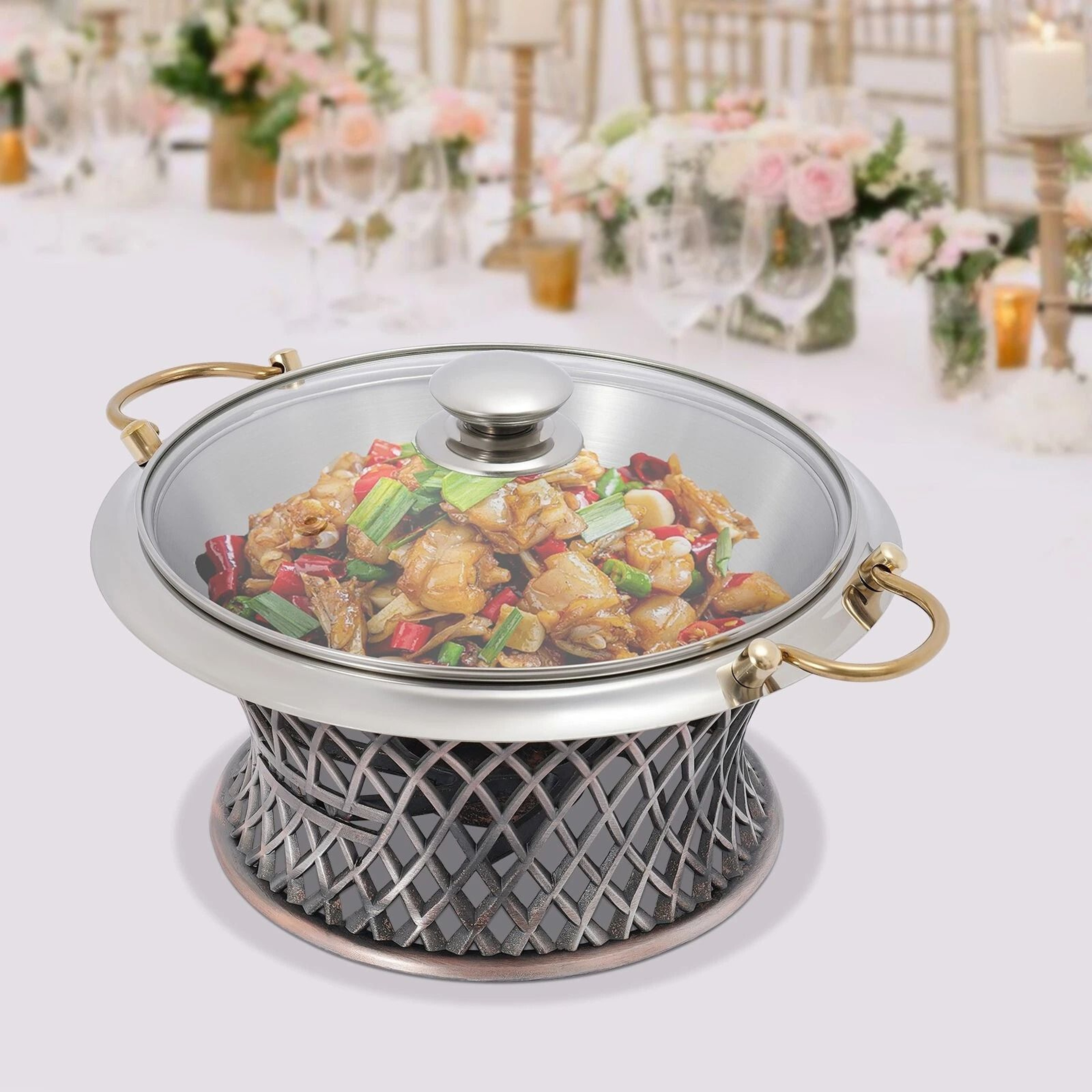 Elegant Round Chafing Dish Buffet Server Stainless Steel Food Warmer With Glass Lid  Fuel Holder 15
