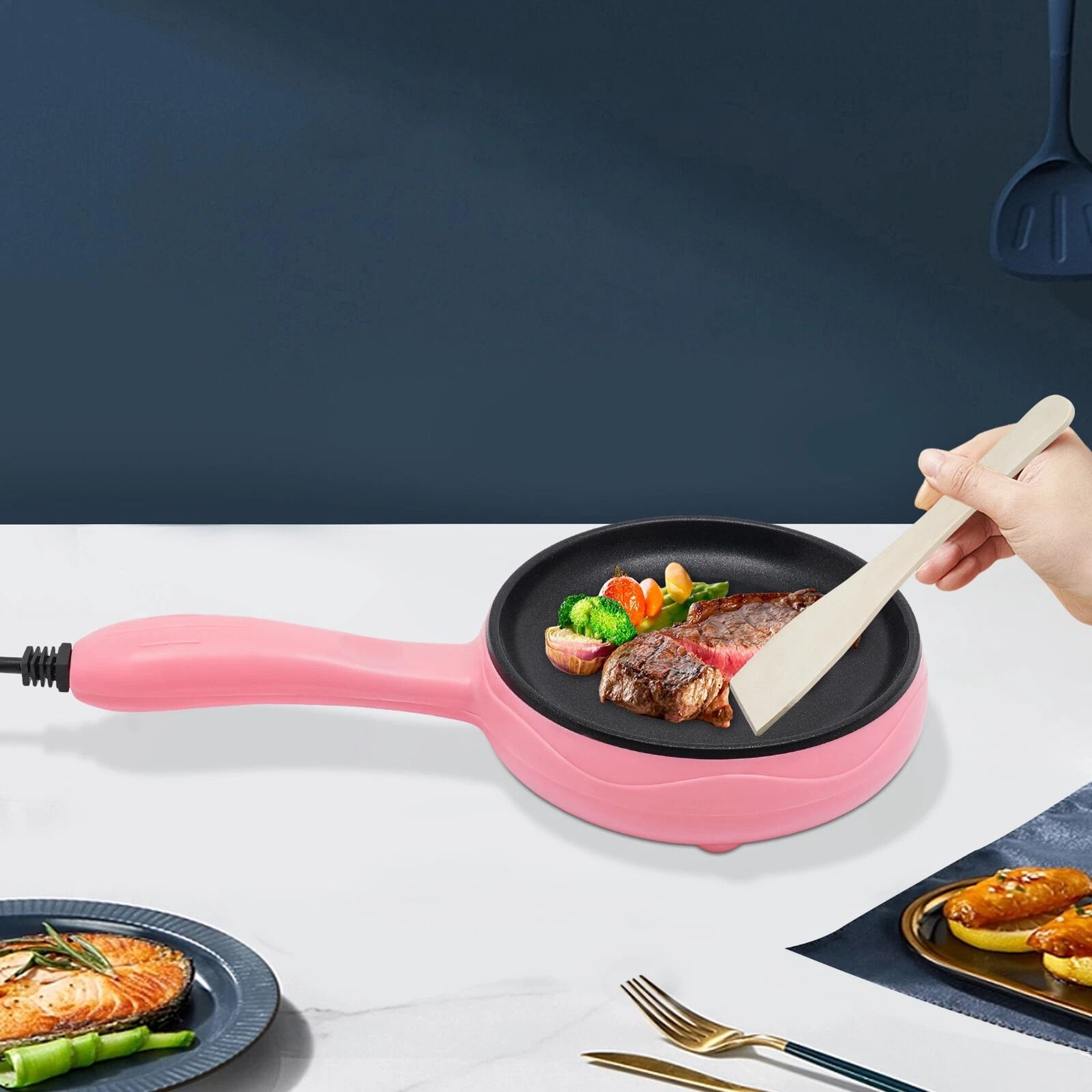 Premium Pink Compact Electric Skillet Non Stick Mini Frying Pan With Wooden Spatula 15