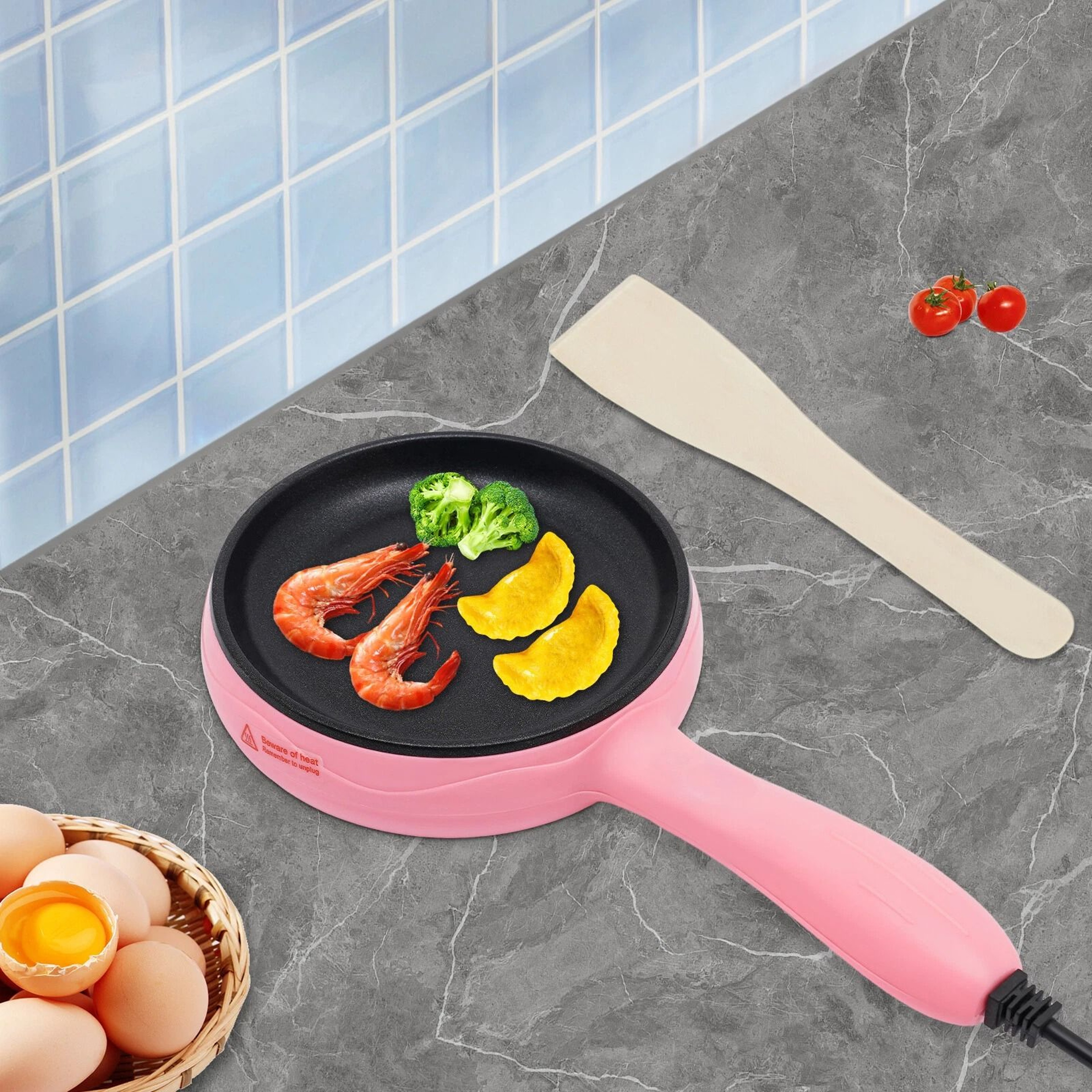 Premium Pink Compact Electric Skillet Non Stick Mini Frying Pan With Wooden Spatula 16