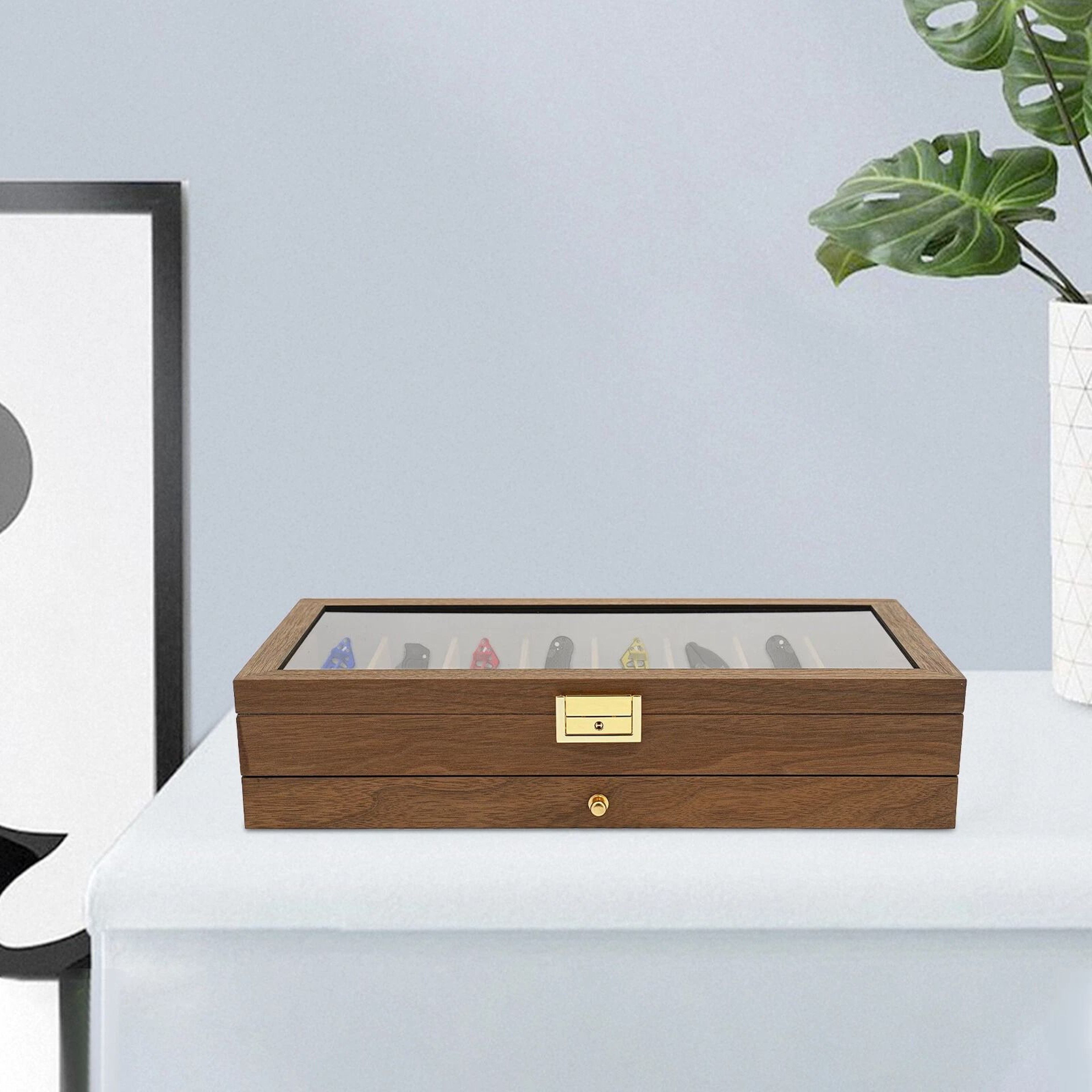 2 Tier Knife Display Case With Lock Glass Lid Knife Storage Box For Collectors 14