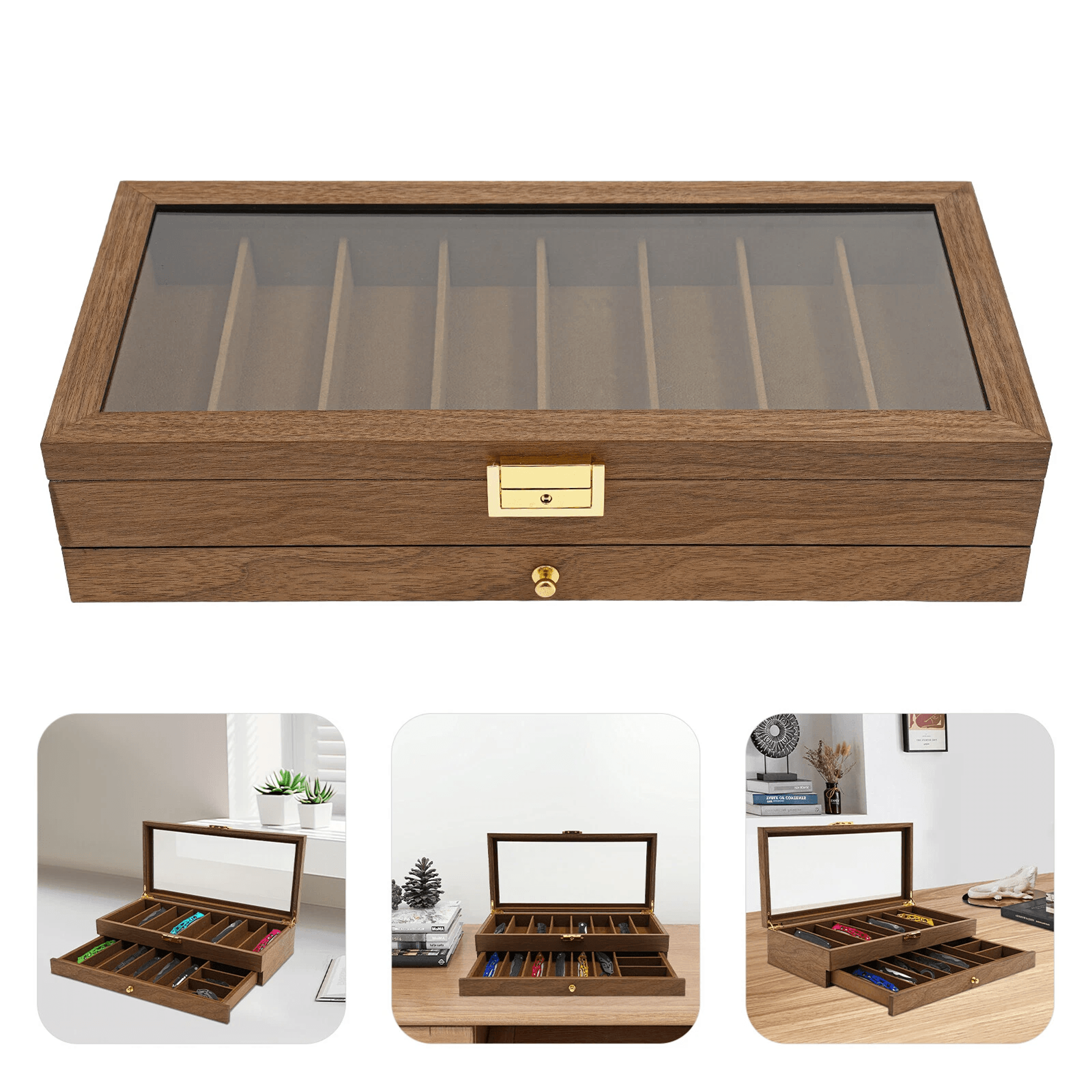 2 Tier Knife Display Case With Lock Glass Lid Knife Storage Box For Collectors 17