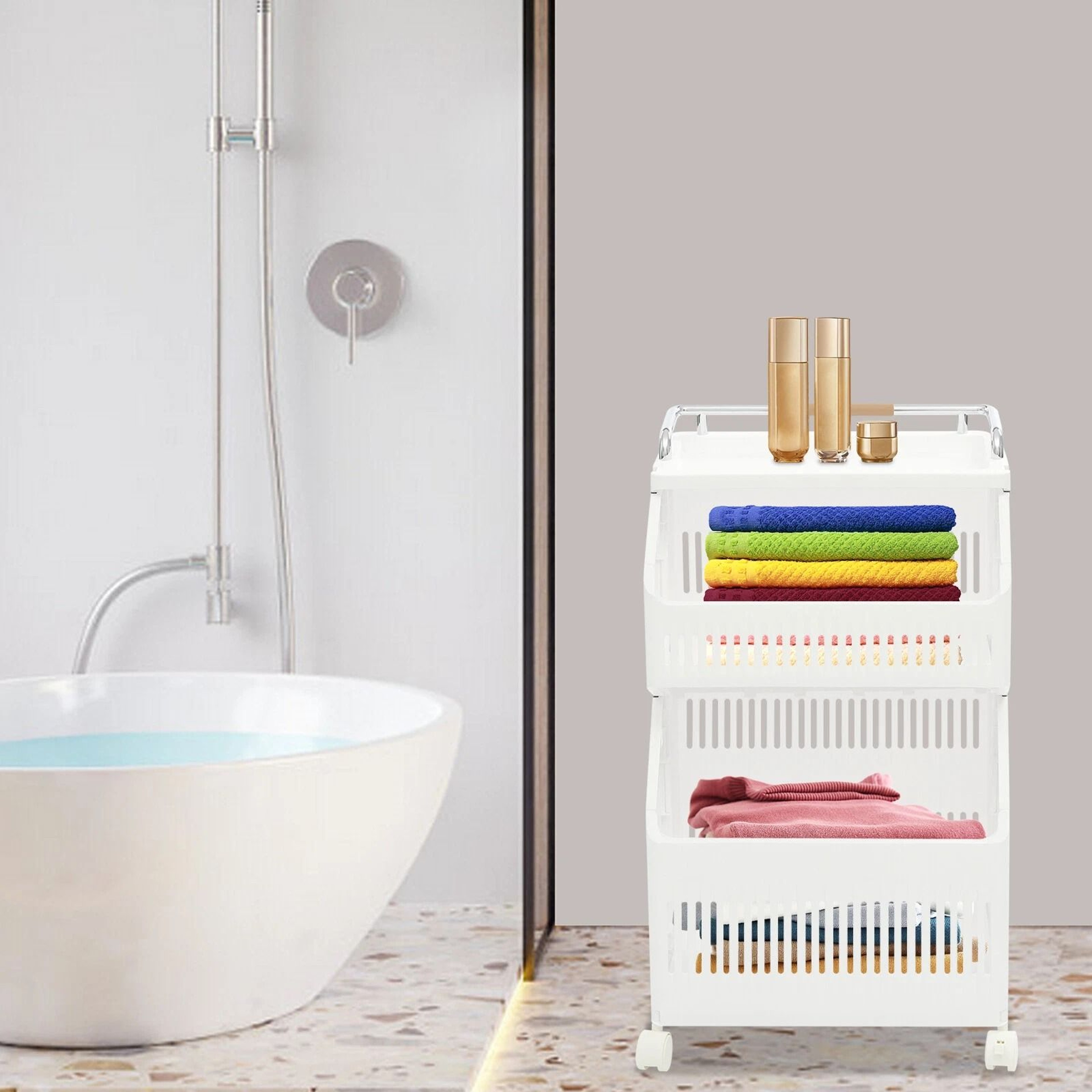 Premium 2 Tier Rolling Laundry Basket  Collapsible Laundry Hamper Space Saving Clothes Storage Cart 13
