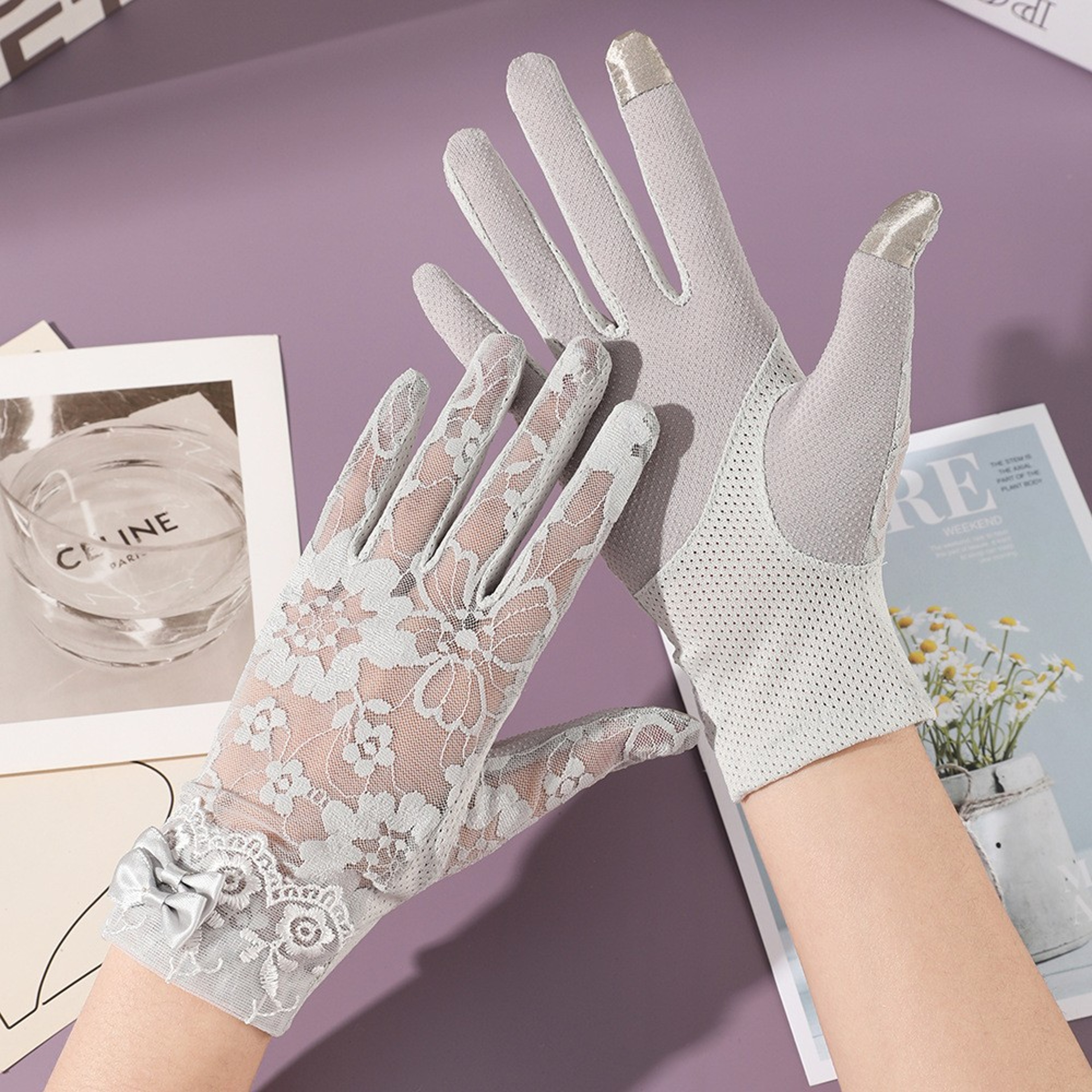 Elegant Lady Thin Gloves for Bridal Wedding, Breathable Driving & Touchscreen Short Gloves with Lace Bow for Bride – view 10