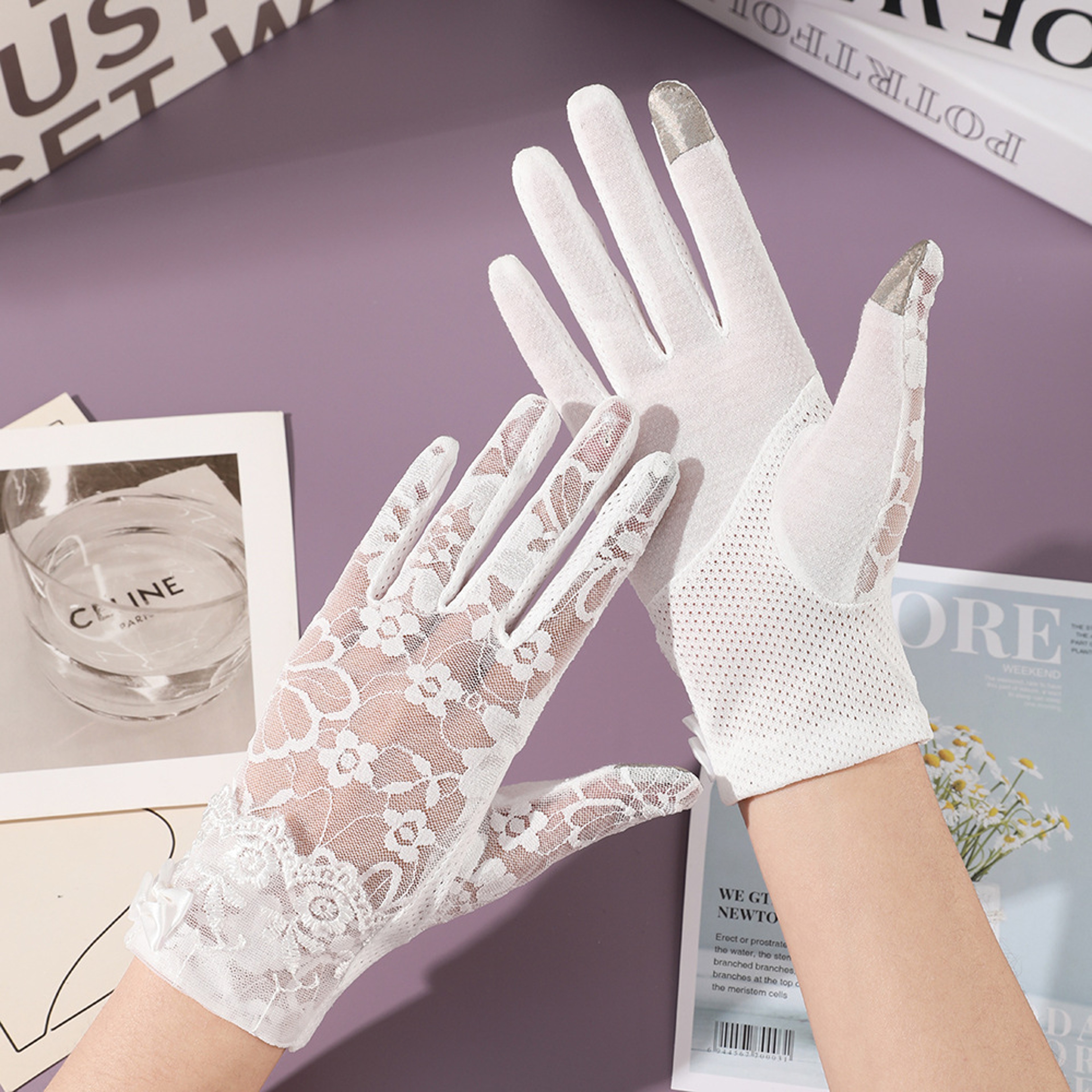 Elegant Lady Thin Gloves for Bridal Wedding, Breathable Driving & Touchscreen Short Gloves with Lace Bow for Bride – view 11