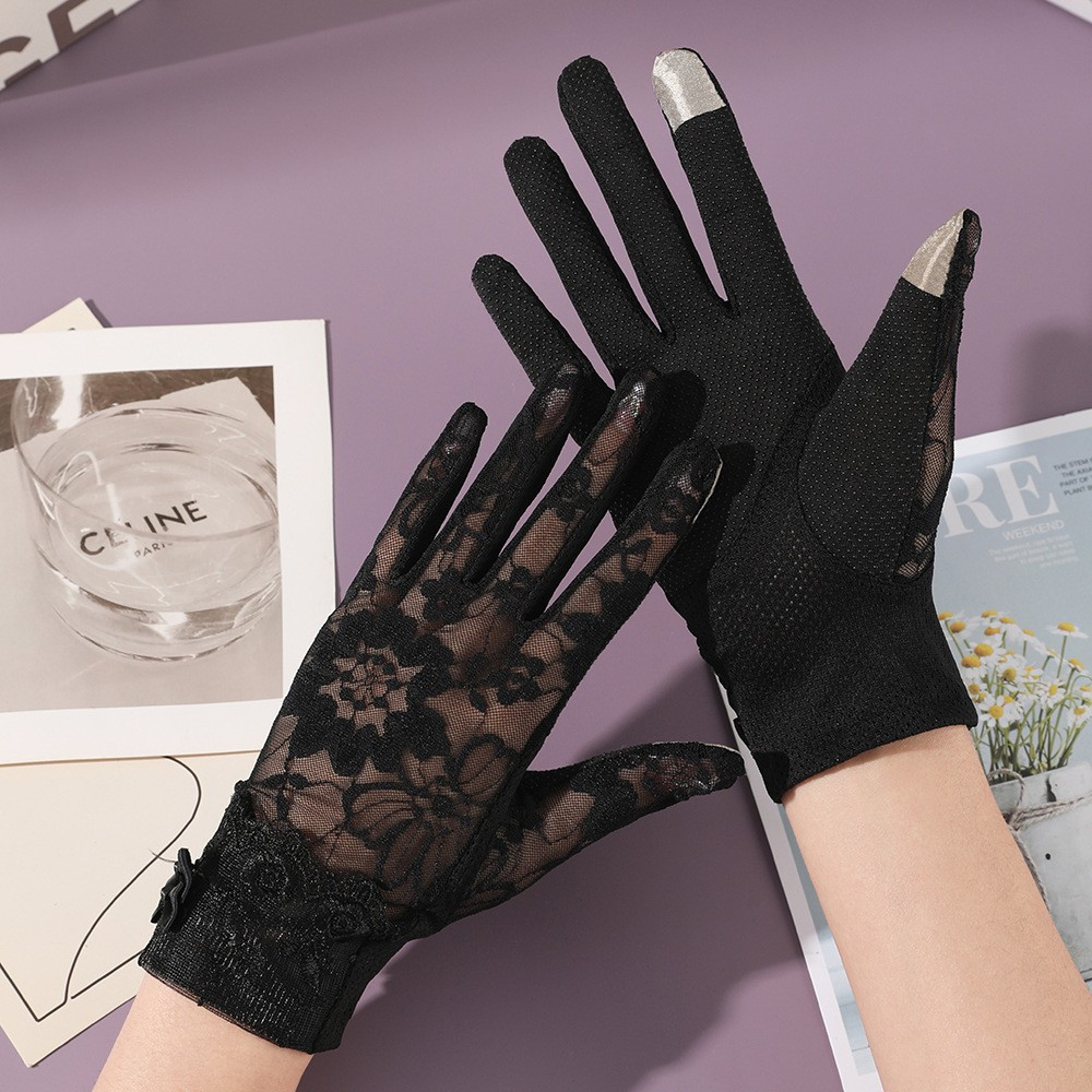 Elegant Lady Thin Gloves for Bridal Wedding, Breathable Driving & Touchscreen Short Gloves with Lace Bow for Bride – view 12