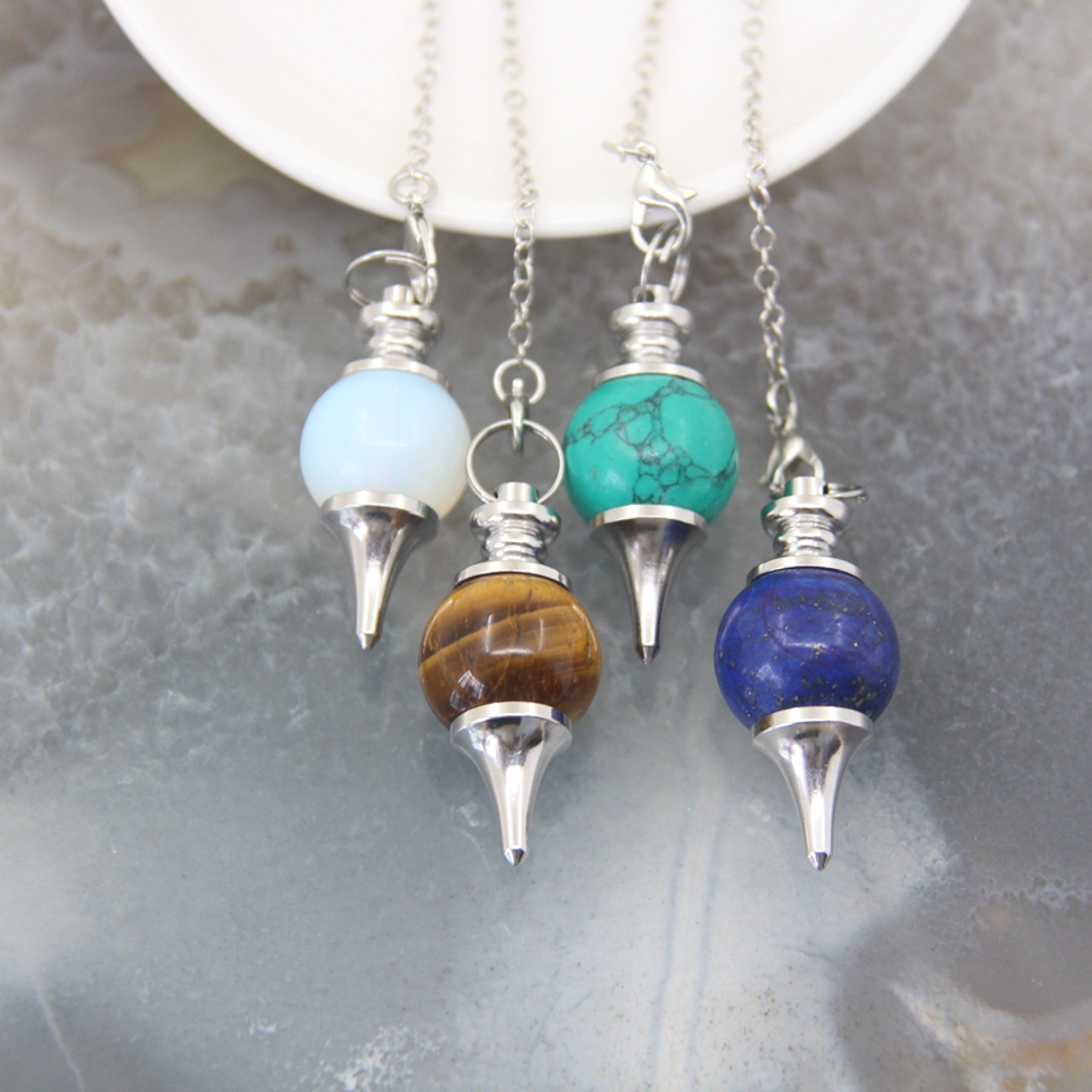 Natural Rose Quartz Labradorite Pendulum for Dowsing Divination, Crystal Cone Pendant with Round Beads Stone Chain – view 3