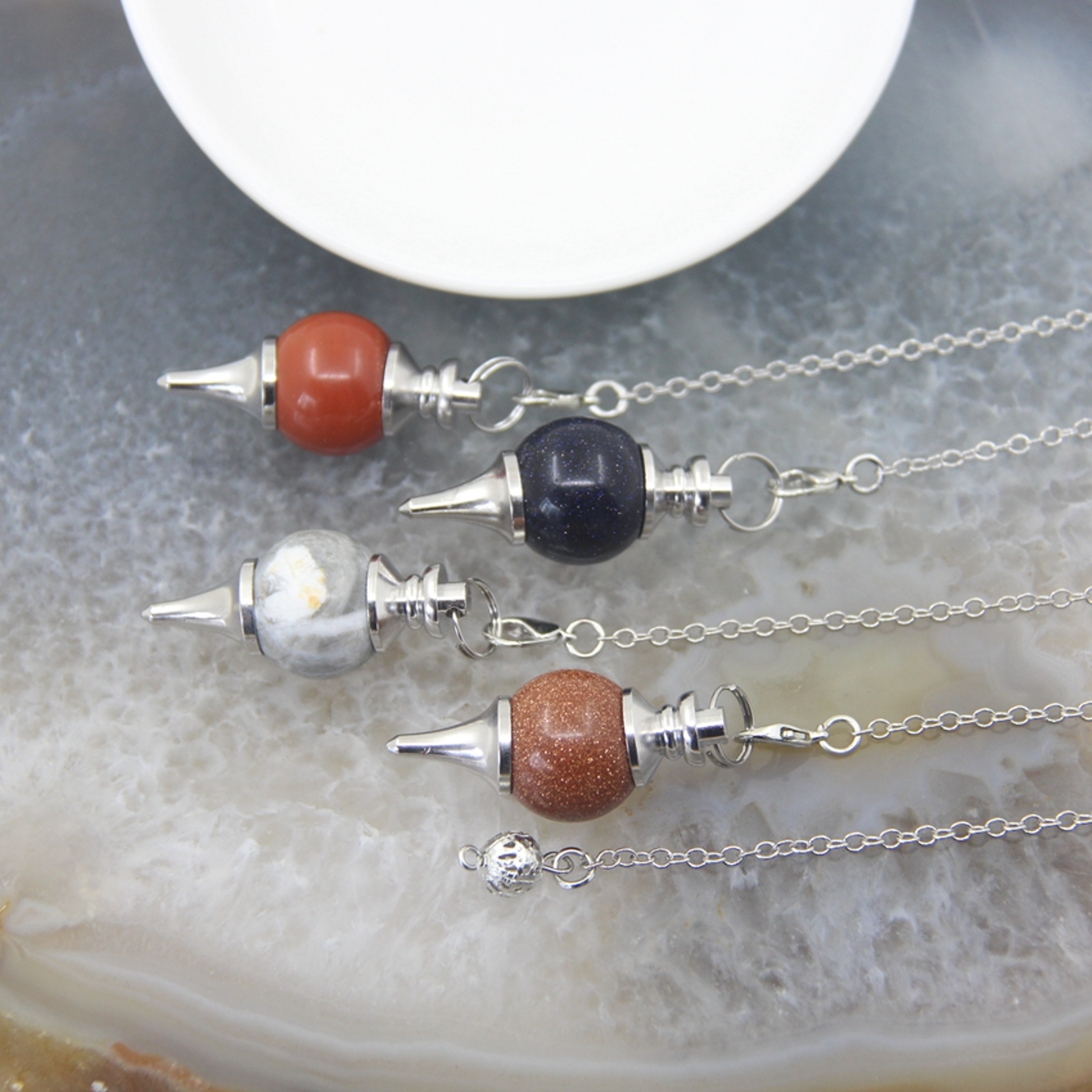 Natural Rose Quartz Labradorite Pendulum for Dowsing Divination, Crystal Cone Pendant with Round Beads Stone Chain – view 4