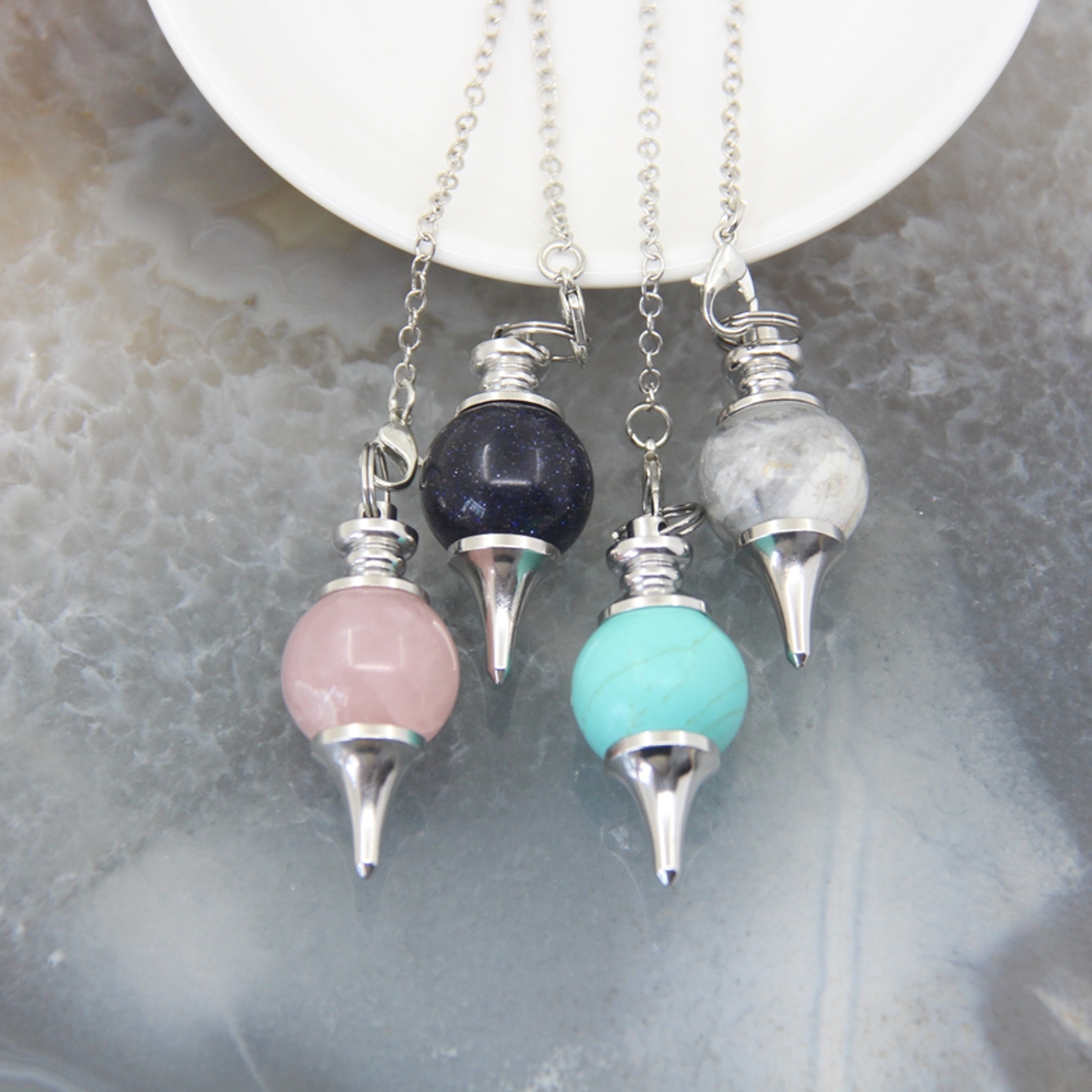 Natural Rose Quartz Labradorite Pendulum for Dowsing Divination, Crystal Cone Pendant with Round Beads Stone Chain – view 5