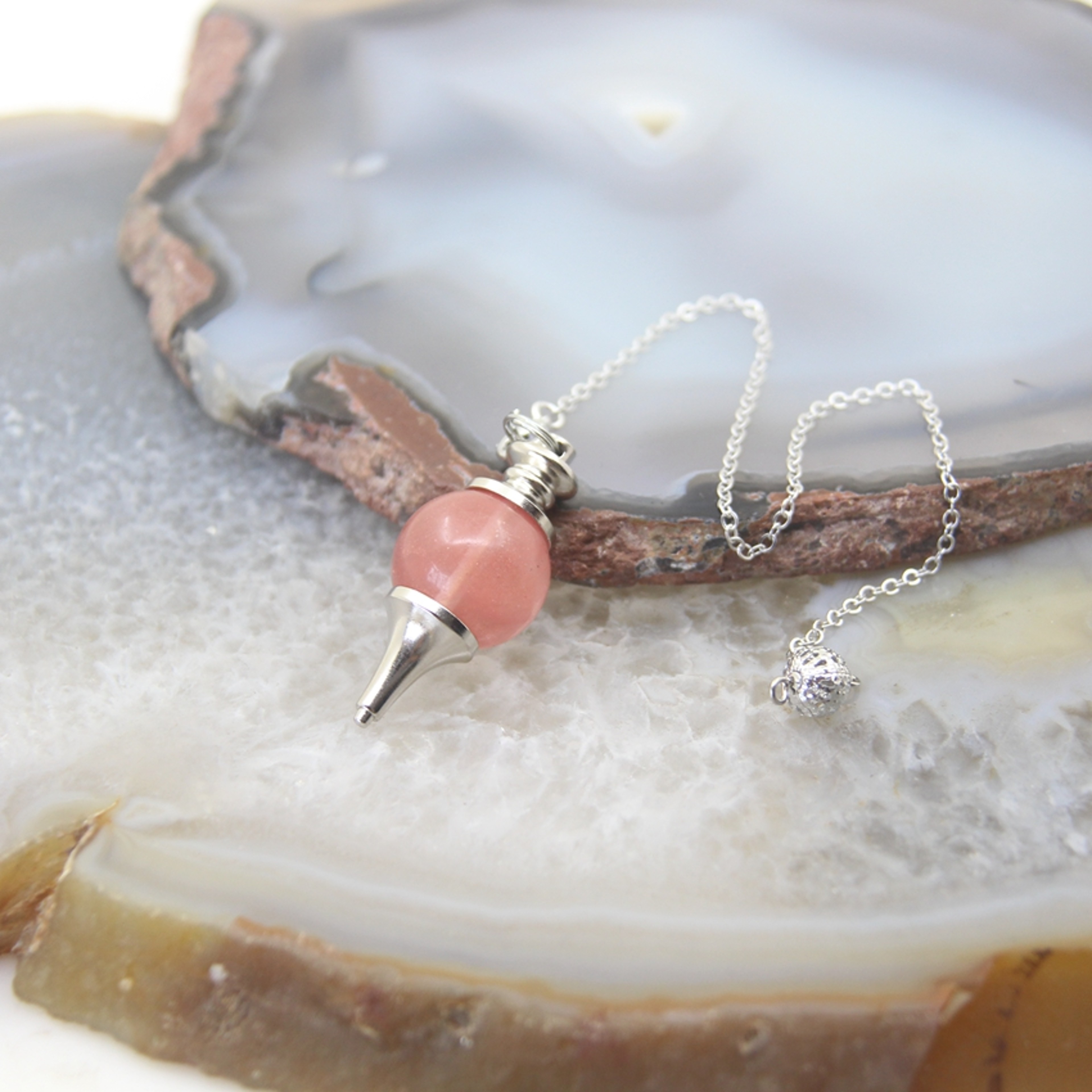 Natural Rose Quartz Labradorite Pendulum for Dowsing Divination, Crystal Cone Pendant with Round Beads Stone Chain – view 11