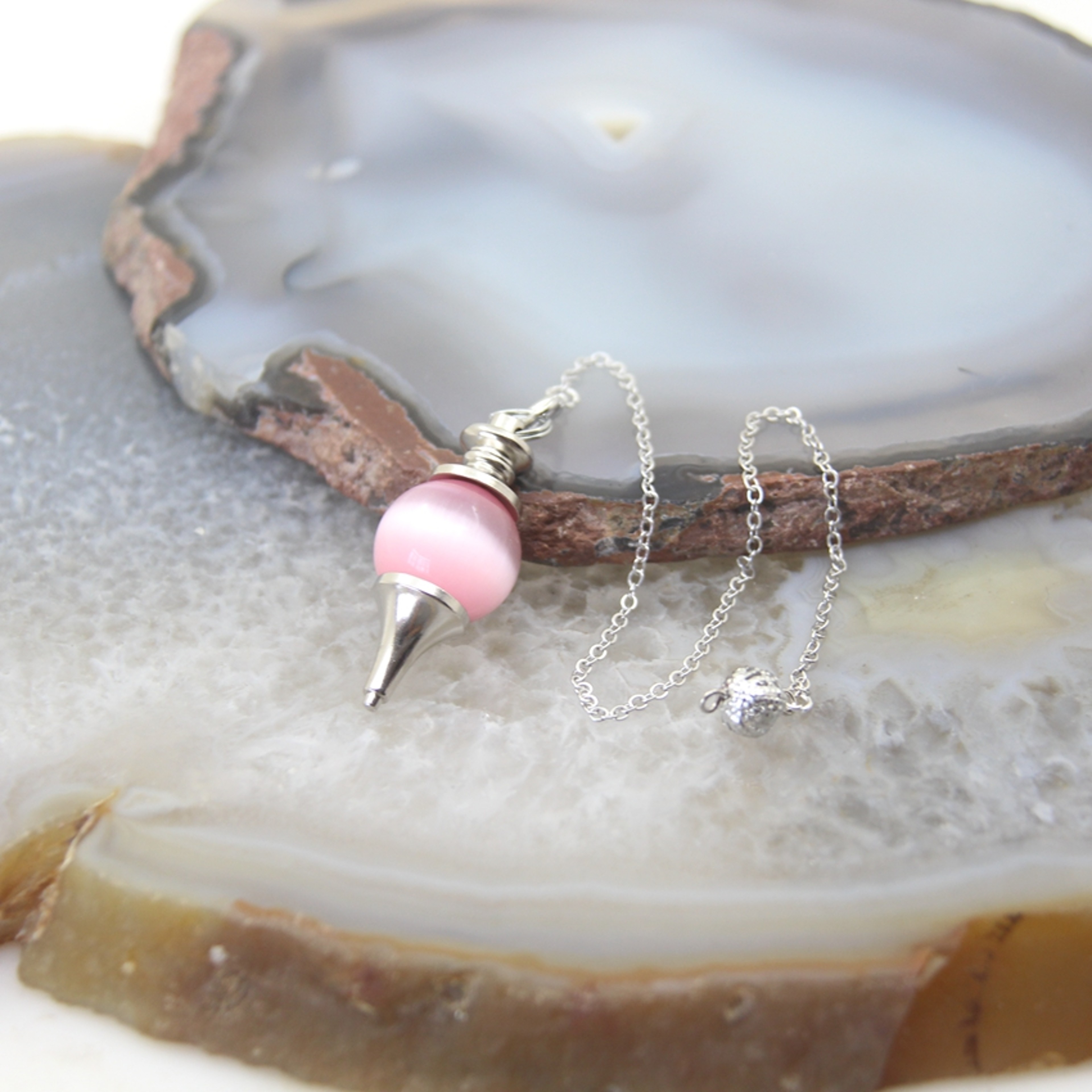 Natural Rose Quartz Labradorite Pendulum for Dowsing Divination, Crystal Cone Pendant with Round Beads Stone Chain – view 20