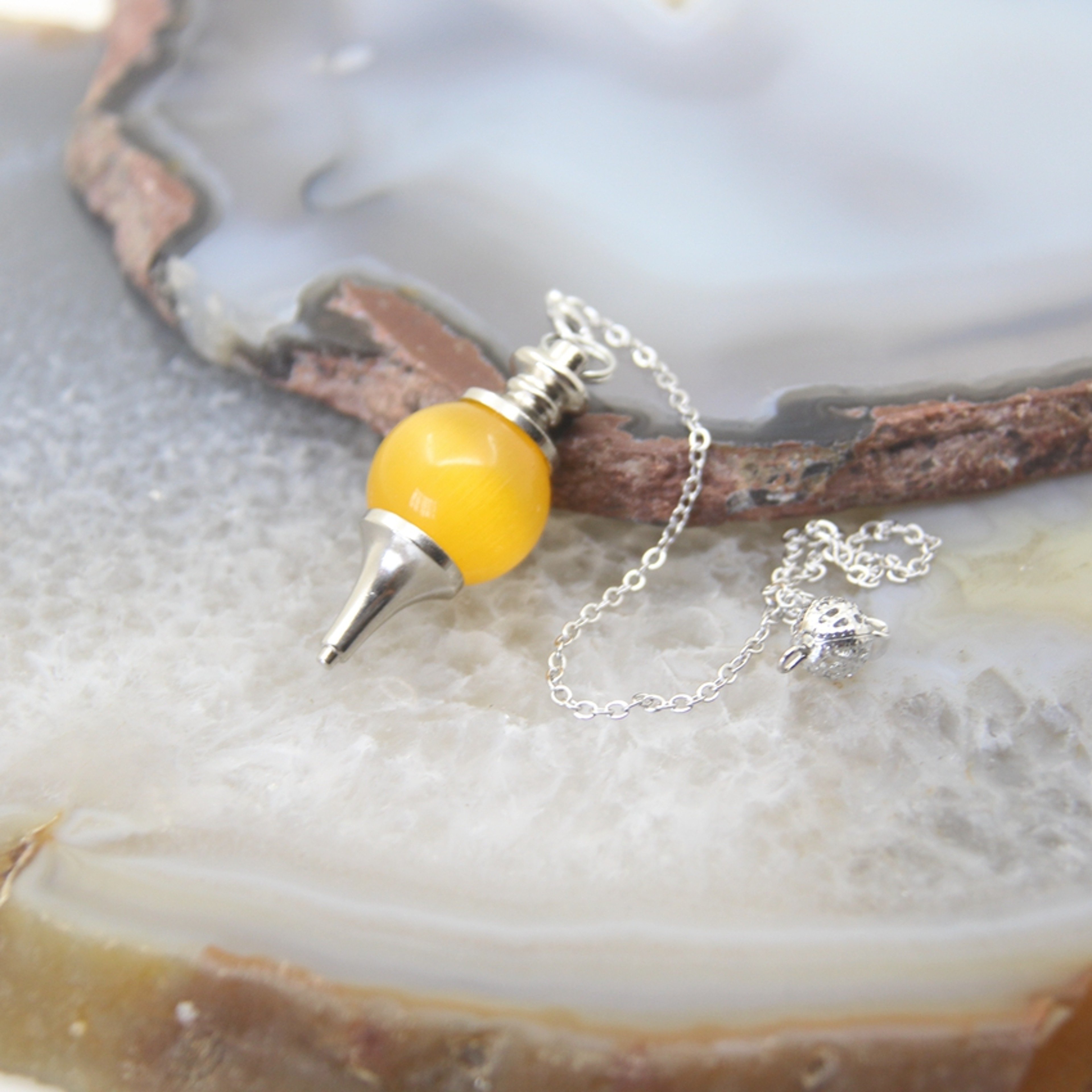 Natural Rose Quartz Labradorite Pendulum for Dowsing Divination, Crystal Cone Pendant with Round Beads Stone Chain – view 27