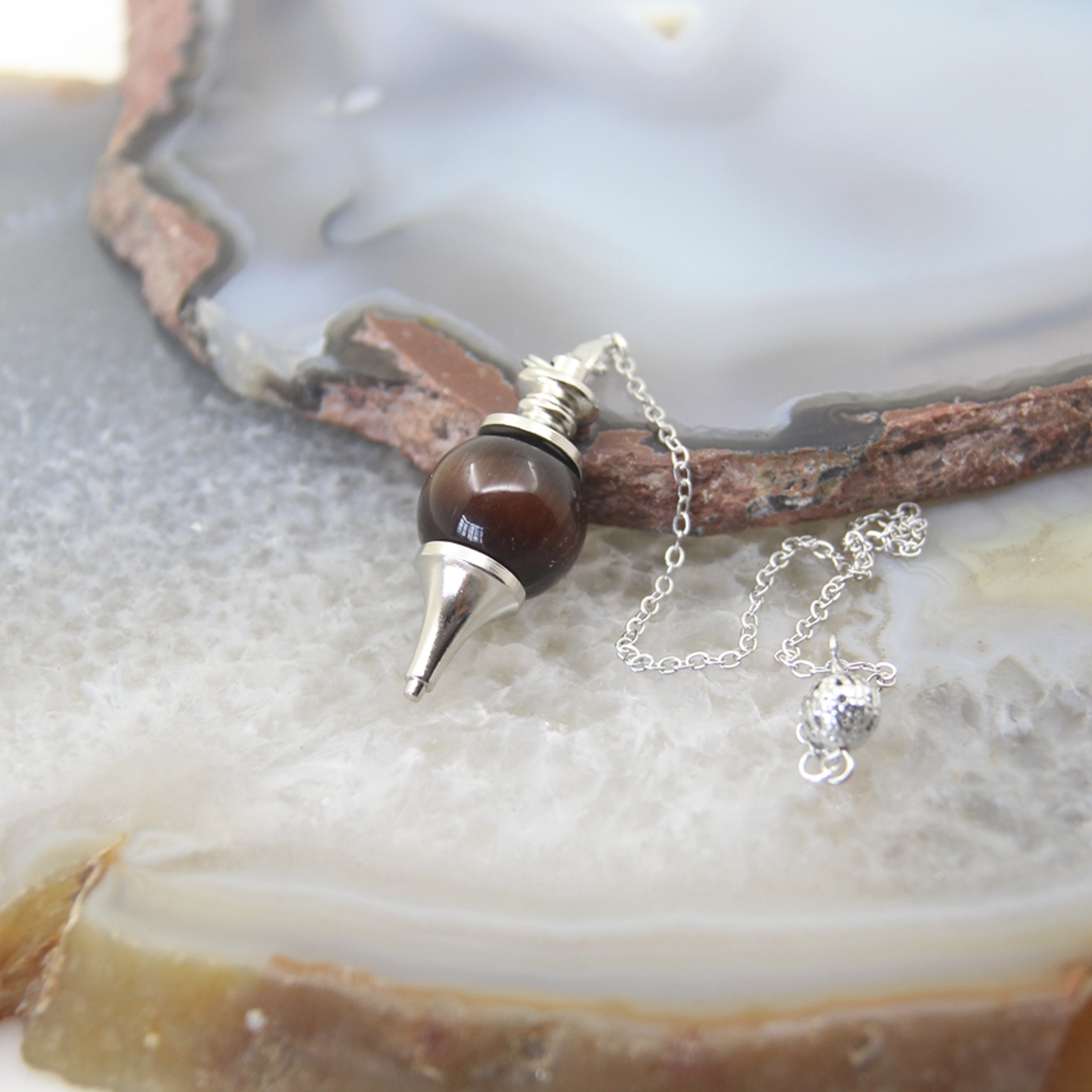 Natural Rose Quartz Labradorite Pendulum for Dowsing Divination, Crystal Cone Pendant with Round Beads Stone Chain – view 29