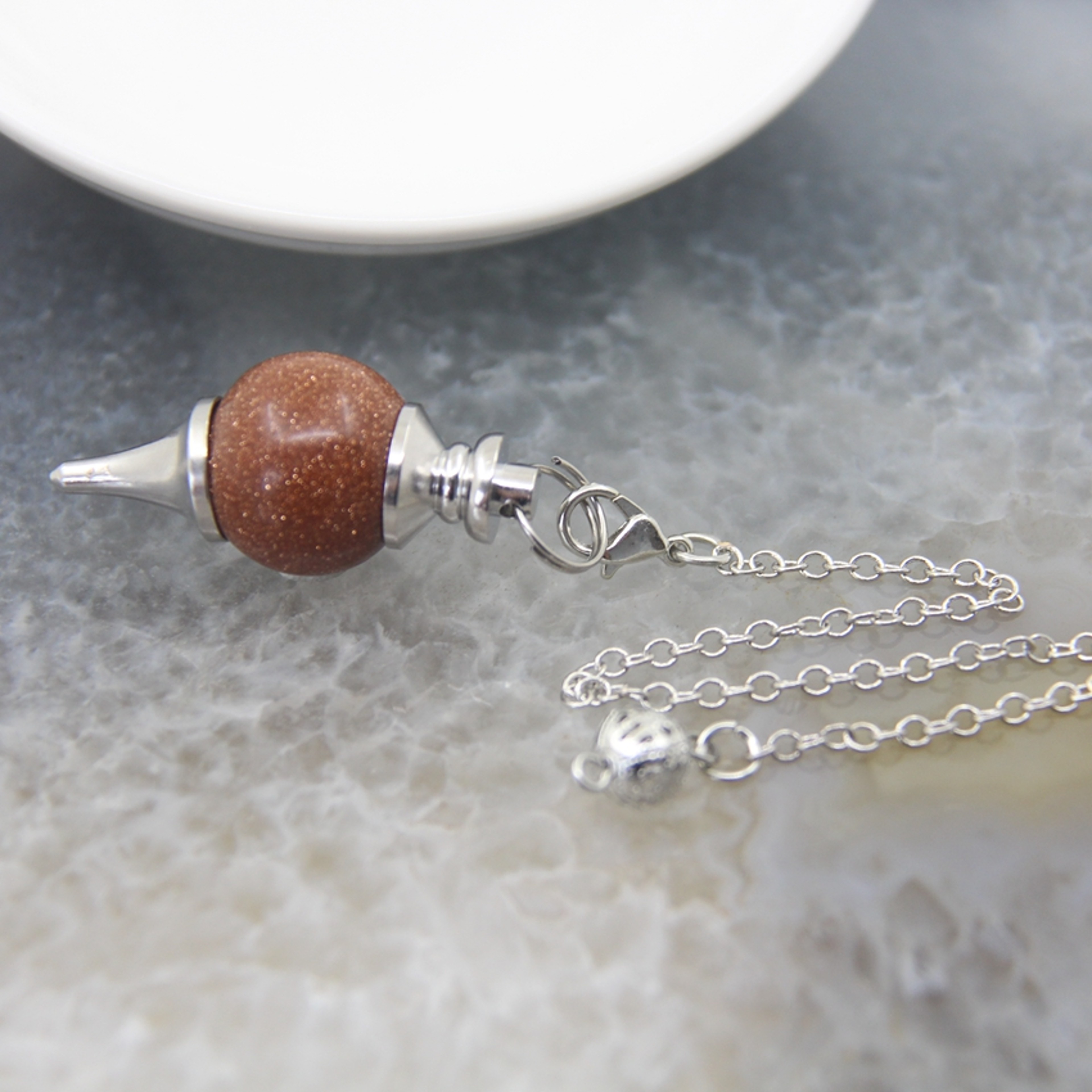 Natural Rose Quartz Labradorite Pendulum for Dowsing Divination, Crystal Cone Pendant with Round Beads Stone Chain – view 31