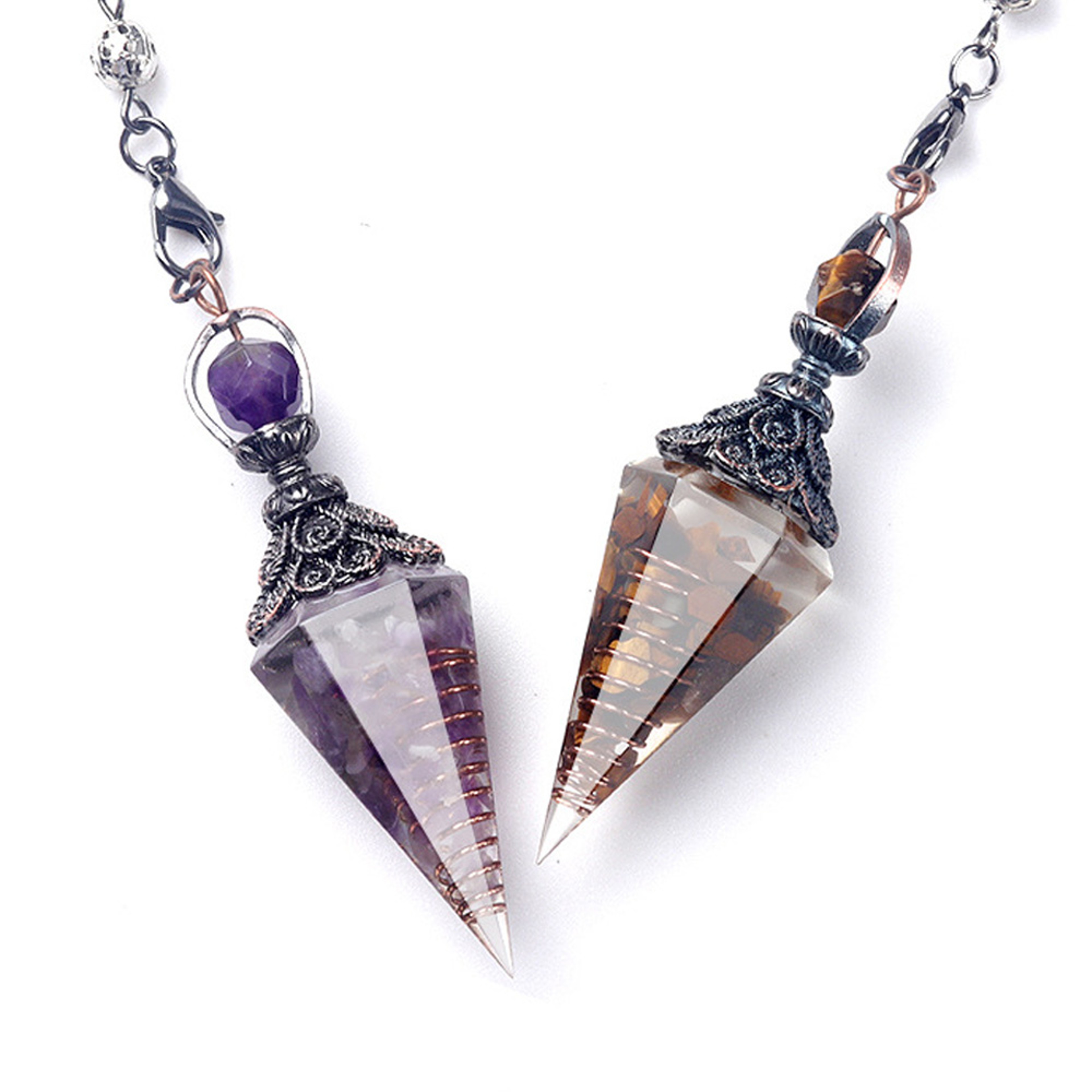 Natural Stone Crystal Pendulum Necklace, Hexagonal Cone Amethyst, Rose Quartz Chakra Pendant with Crushed Stone Bag – view 1