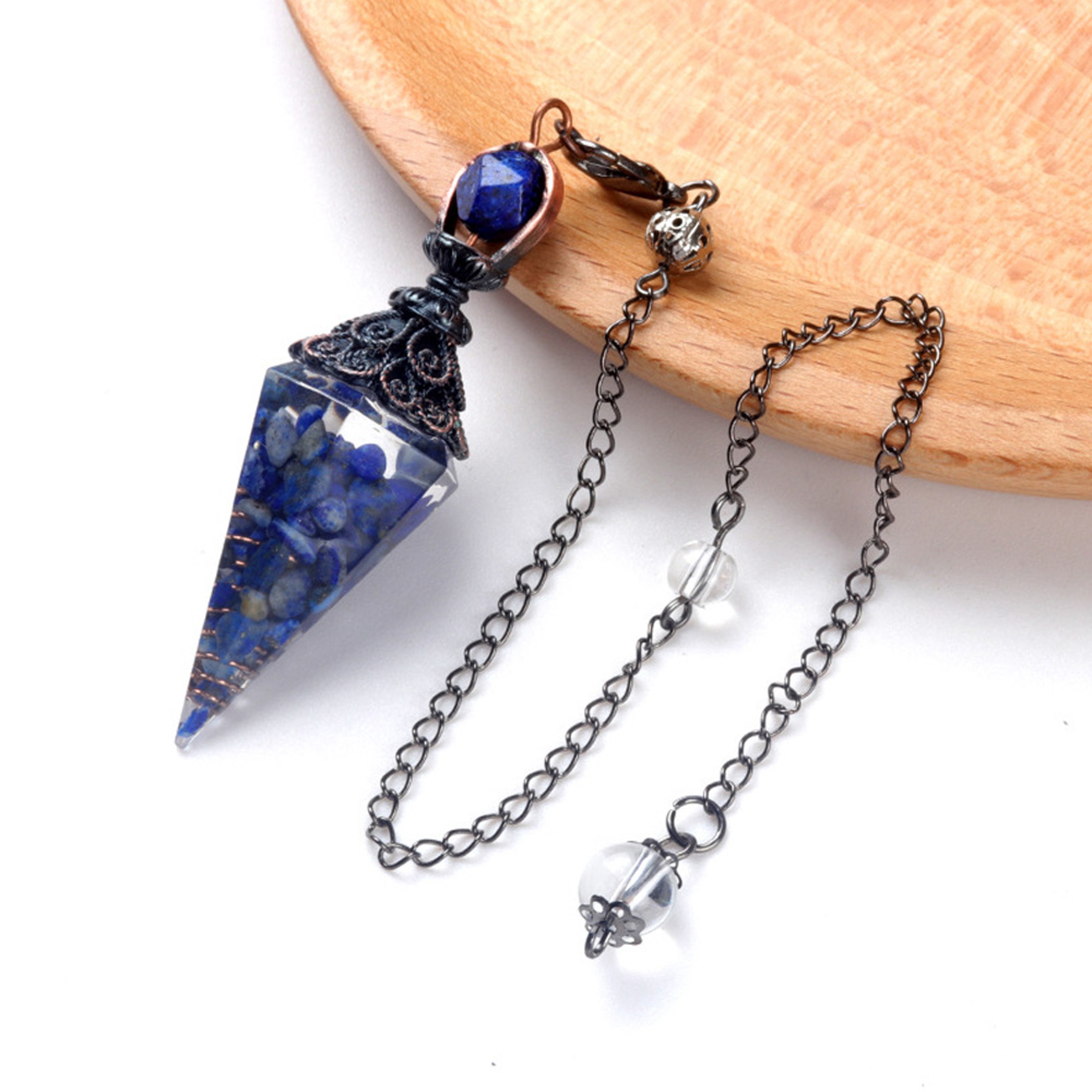 Natural Stone Crystal Pendulum Necklace, Hexagonal Cone Amethyst, Rose Quartz Chakra Pendant with Crushed Stone Bag – view 8