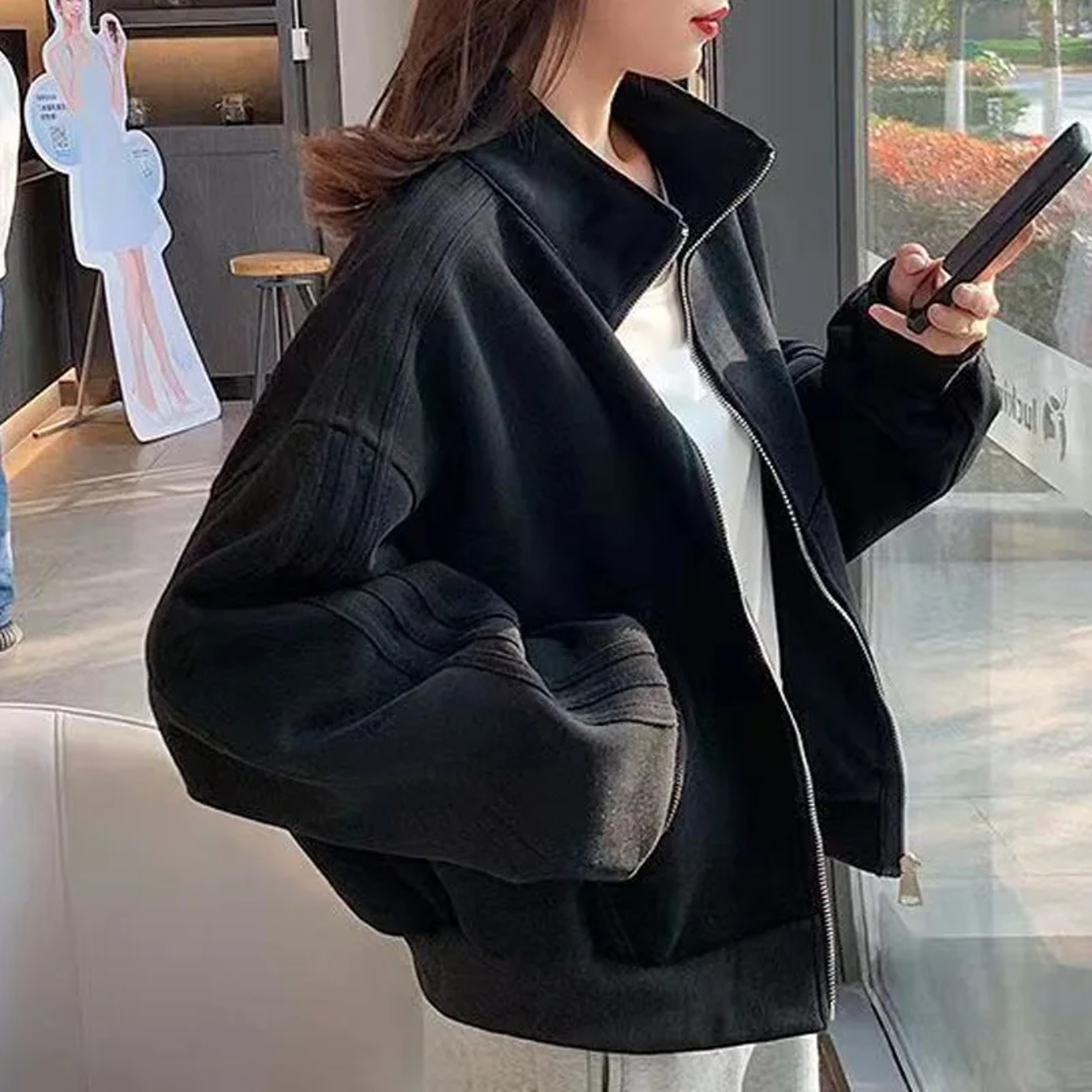 Women's Short Sweatshirt Jacket, Versatile Loose Fit Casual Style, Three Stripe Autumn Winter Jacket – view 2