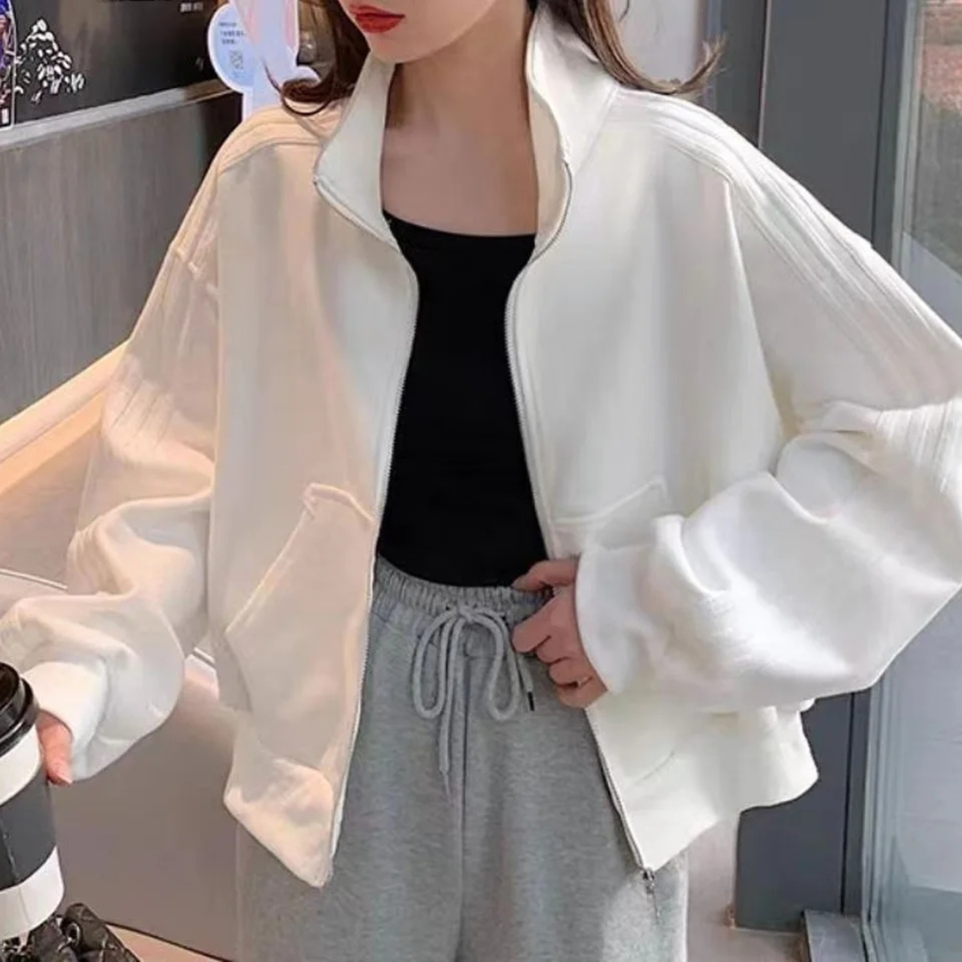 Women's Short Sweatshirt Jacket, Versatile Loose Fit Casual Style, Three Stripe Autumn Winter Jacket – view 8