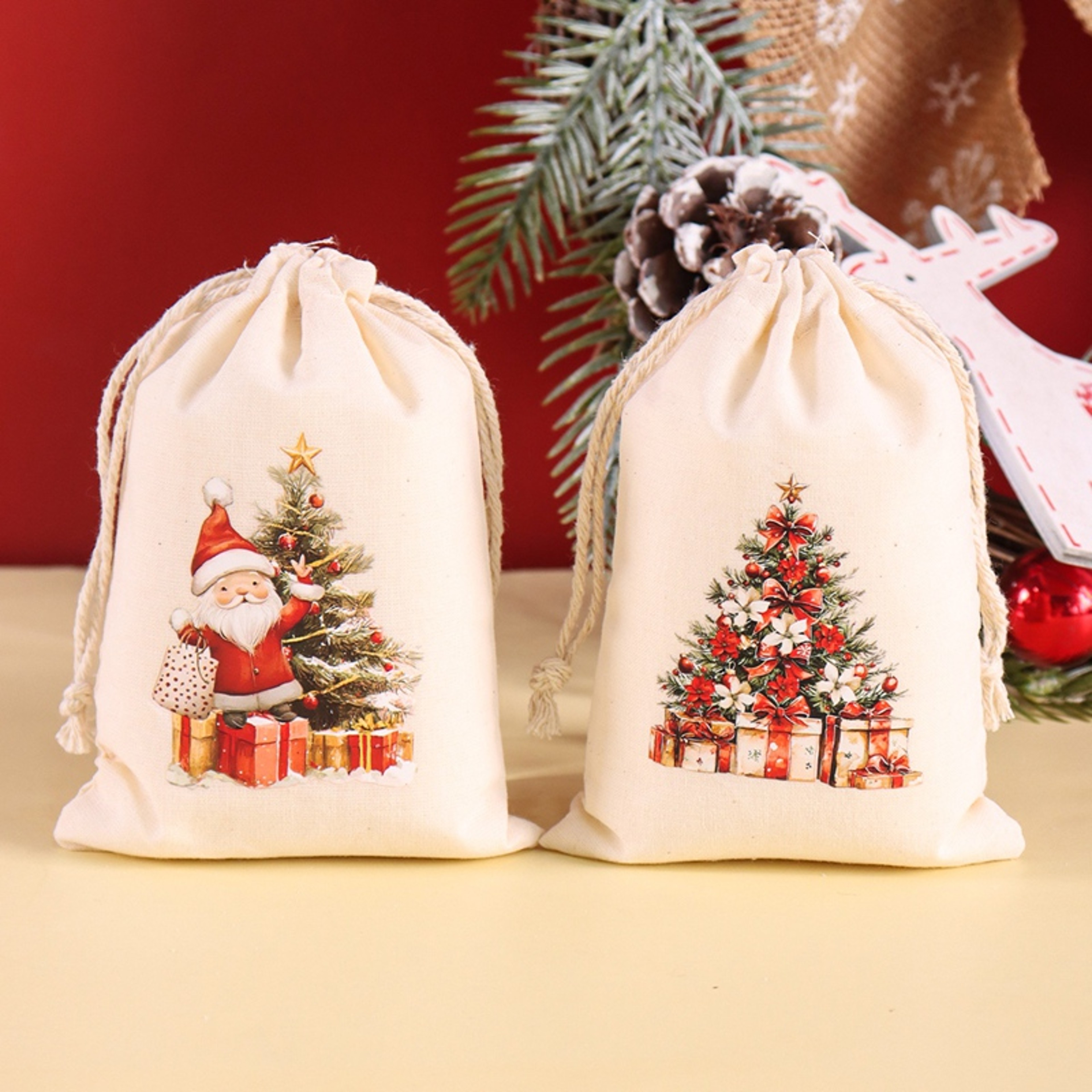 Burlap Gift Bags, Christmas Linen Drawstring, Candy Biscuits Pouchs, New Year Gift, Home Decor, Navidad Natal – view 2